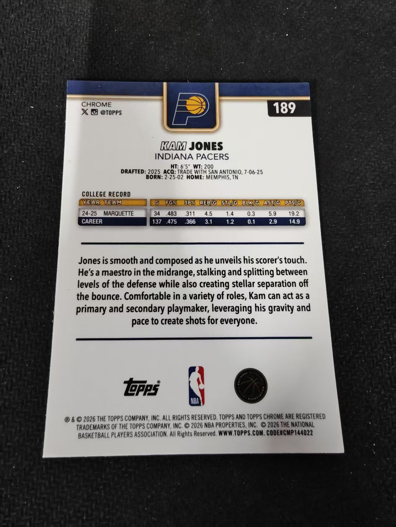2026 Topps chrome Update Kam Jones RC 步行者 卡姆 琼斯 新秀 hyper折 瑕疵如图