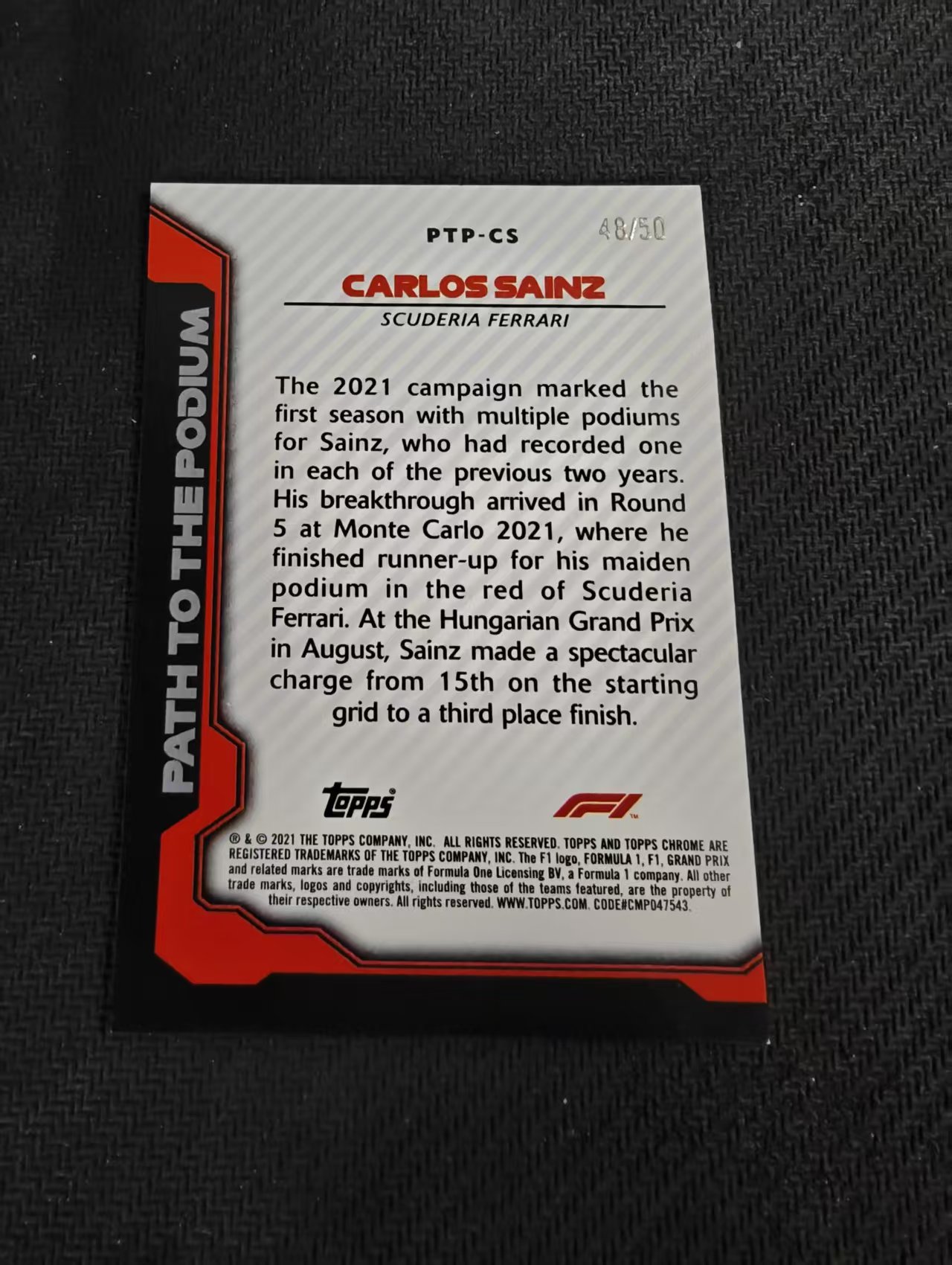 【汽水拍卖】2021 Topps Chrome Carlos Sainz F1 法拉利车队 卡洛斯 赛恩斯 the podium特卡 金波纹 50编 瑕疵如图
