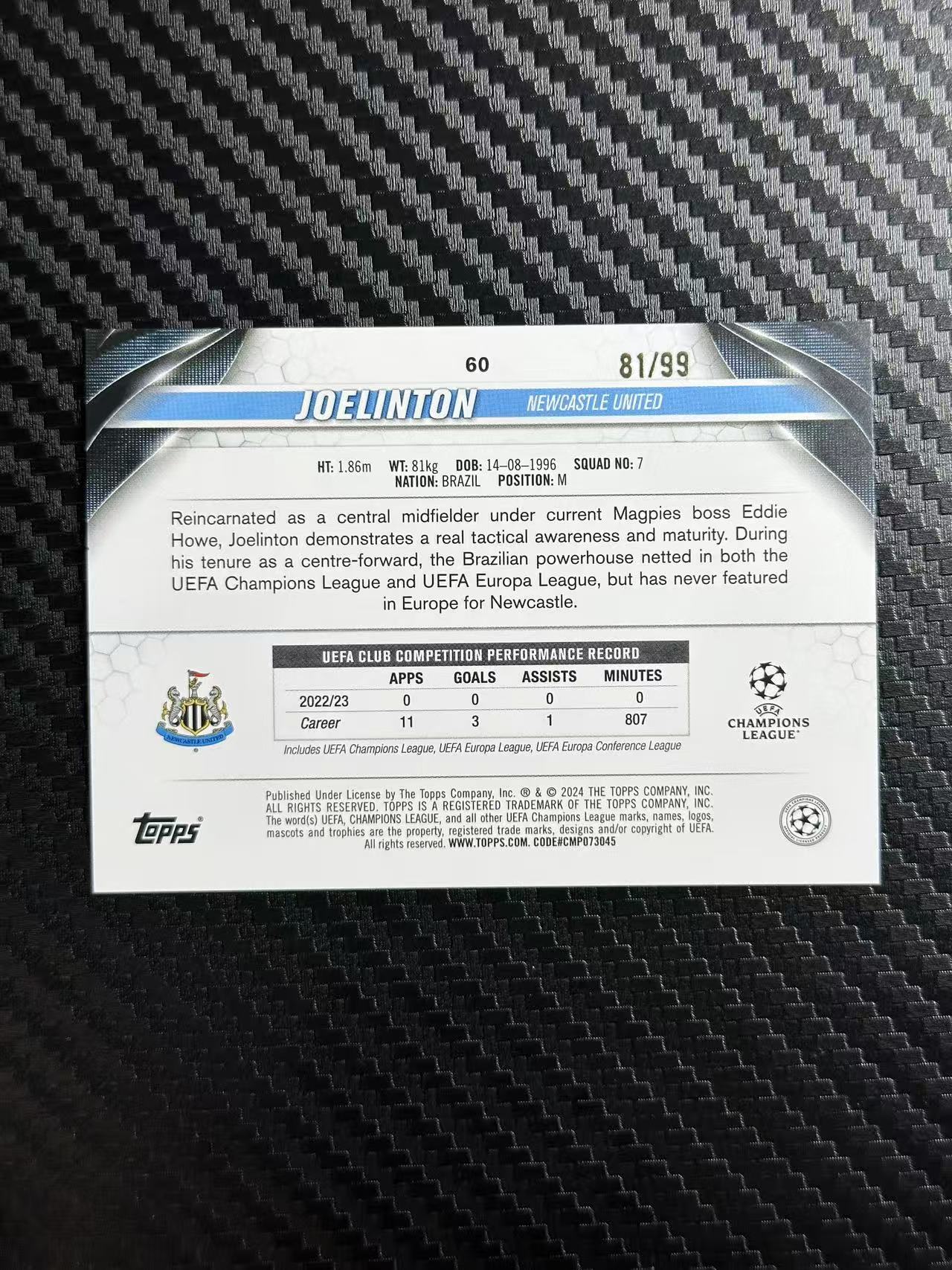 2024 Topps ucc Joelinton 欧冠 碧玉 纽卡斯尔 乔林顿 81/99 卡品如图 拍前看描述