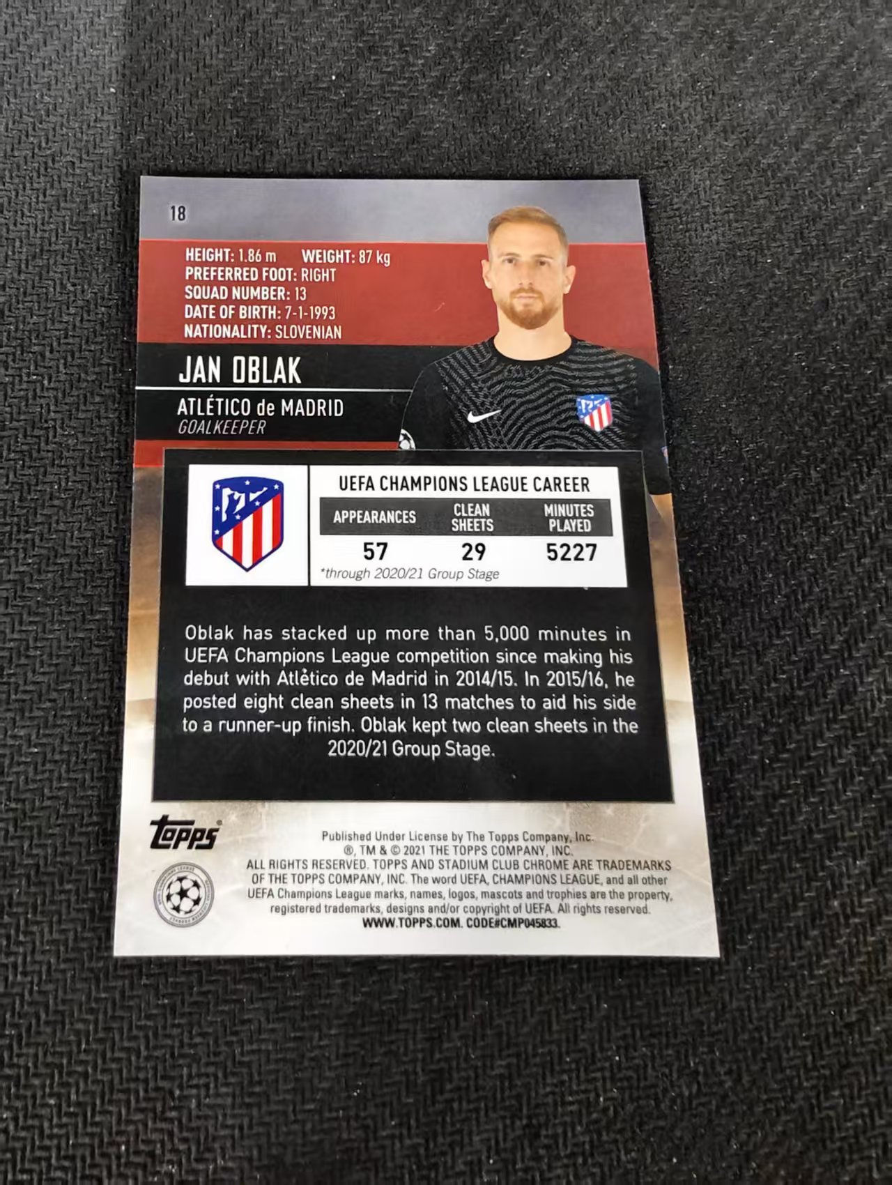 【可合并,不累计】2021 Topps Stadium Club Chrome Jan Oblak 奥布拉克 马德里竞技 马竞 竞技场 欧冠 划痕 边角瑕疵 #18