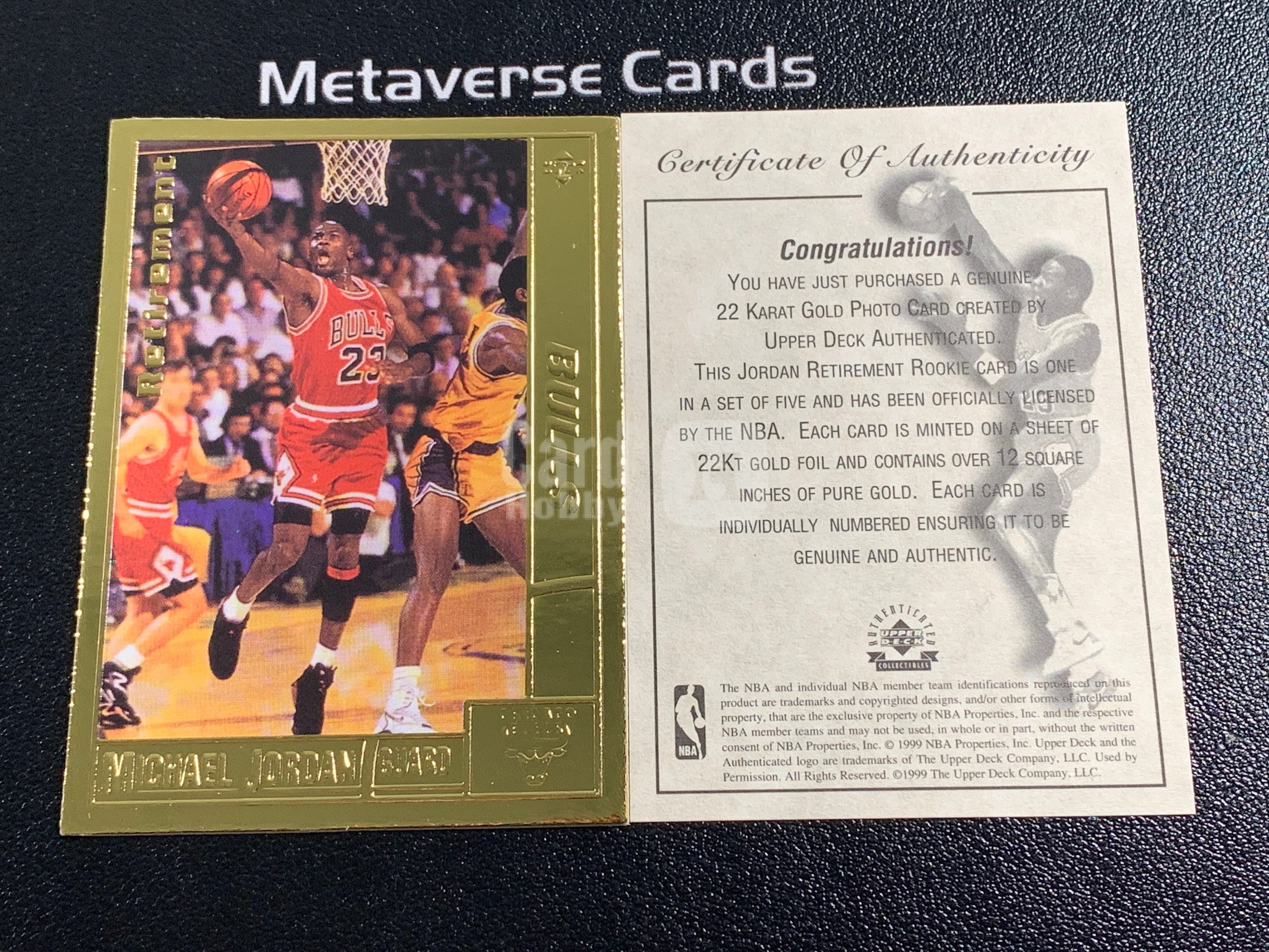 【元宇宙拍卖】张张总222：1999 Upper Deck 22kt Gold Michael Jordan 公牛 迈克尔乔丹 篮球之神 飞人 金箔 烫金 2113/9923编 经典老卡 带证书 瑕疵如图 收藏必备