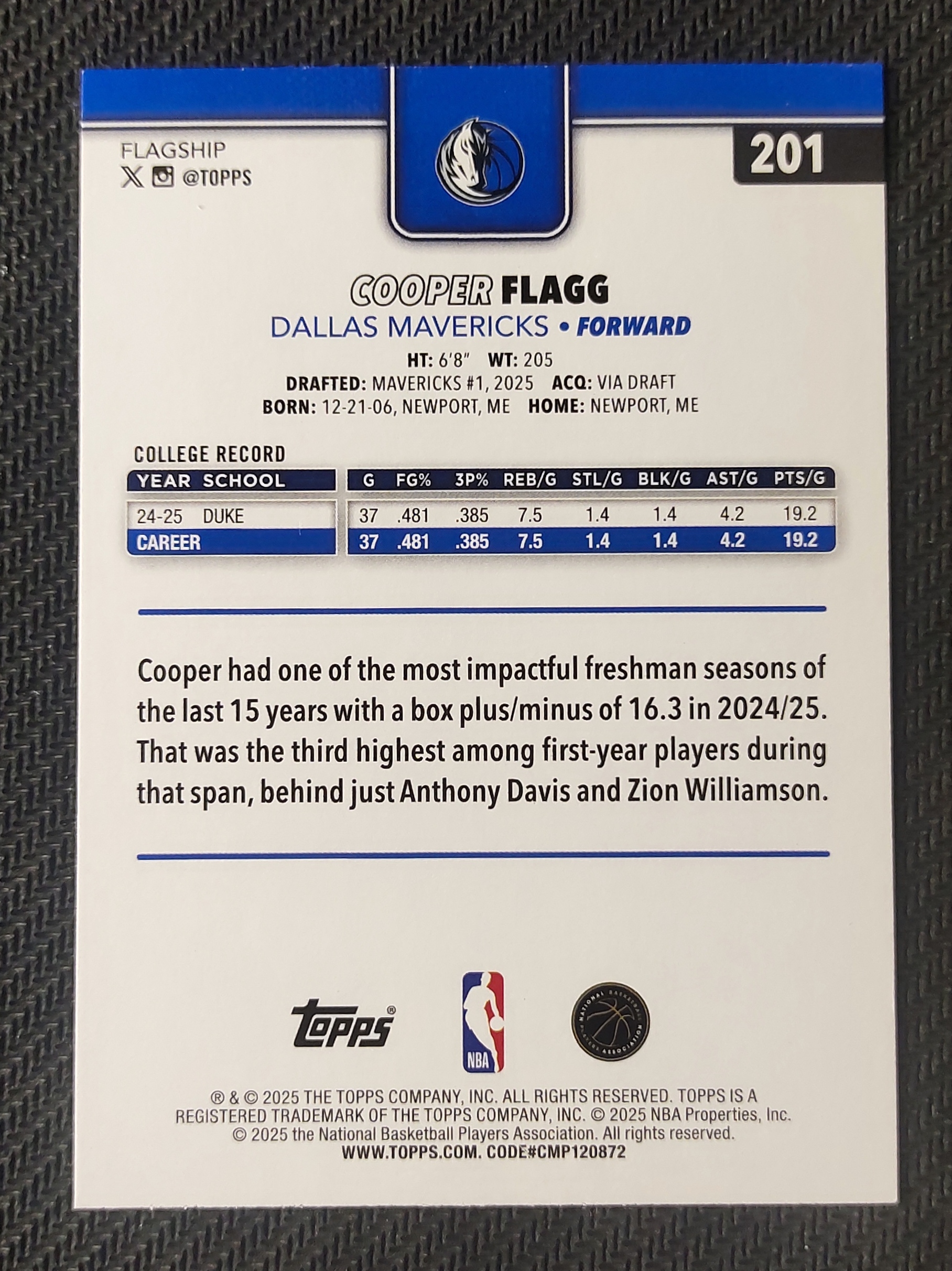 2025 Topps Topps Cooper Flagg RC 库珀 弗拉格 独行侠 美国之子 状元 新秀 正base 潜力无限 瑕疵如图