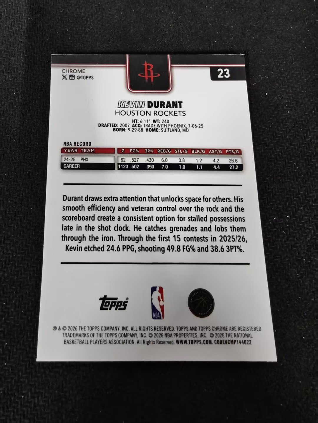 2026 Topps Chrome Update Kevin Durant 火箭 死神 凯文 杜兰特 KD TCU 划痕 边角瑕疵 #23