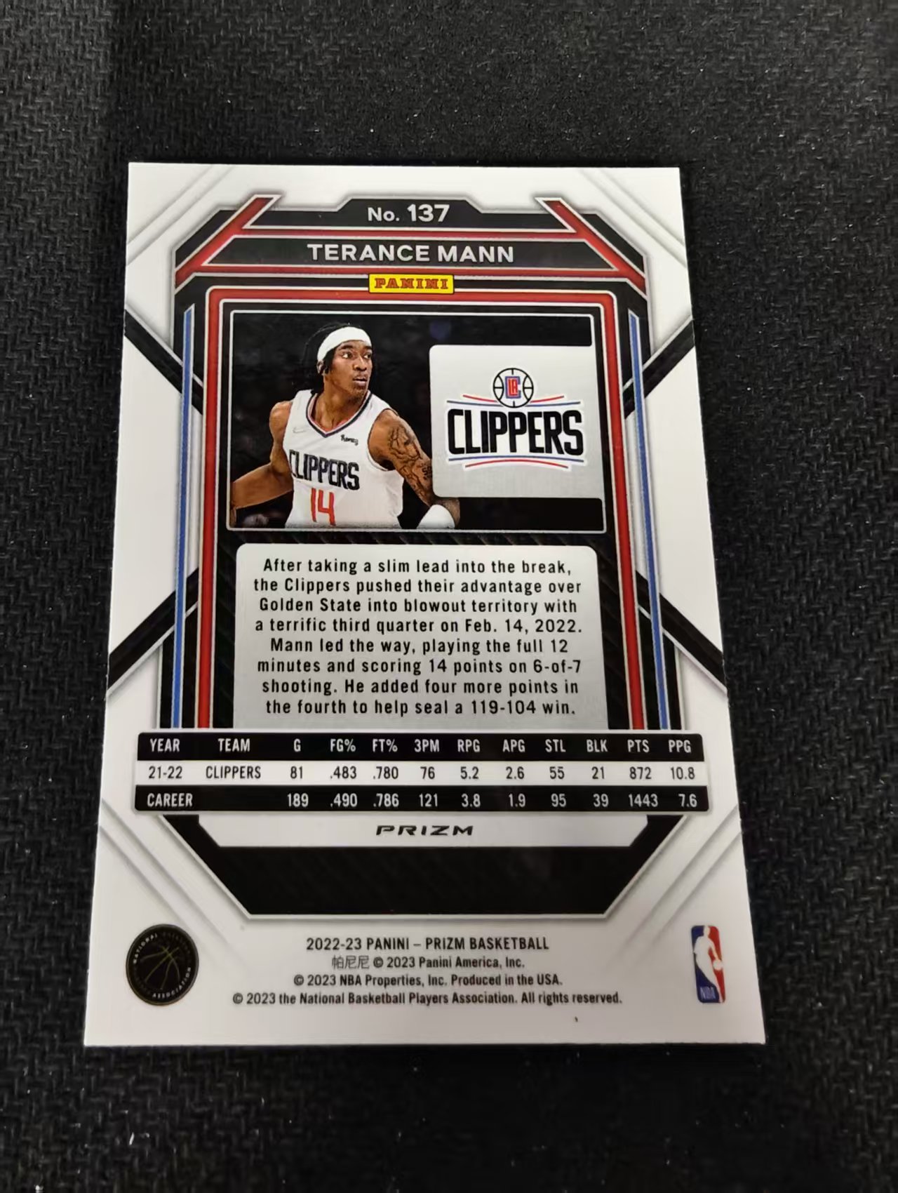 2022-23 Panini Prizm Terance Mann 特伦斯 曼 快船 红波纹 PZ 划痕 边角瑕疵 #137
