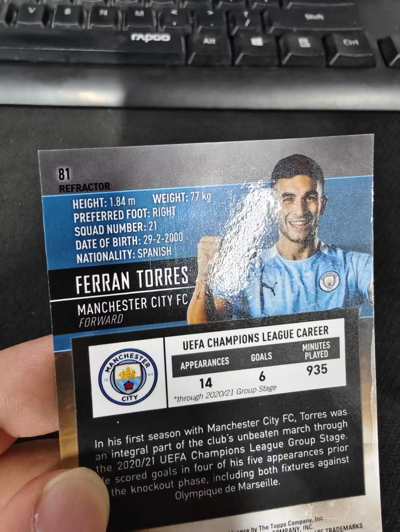 【可合并,不累计】2021 Topps Stadium Club Chrome Ferran Torres 曼城 托雷斯 欧冠 竞技场 银折 划痕 边角瑕疵 @81