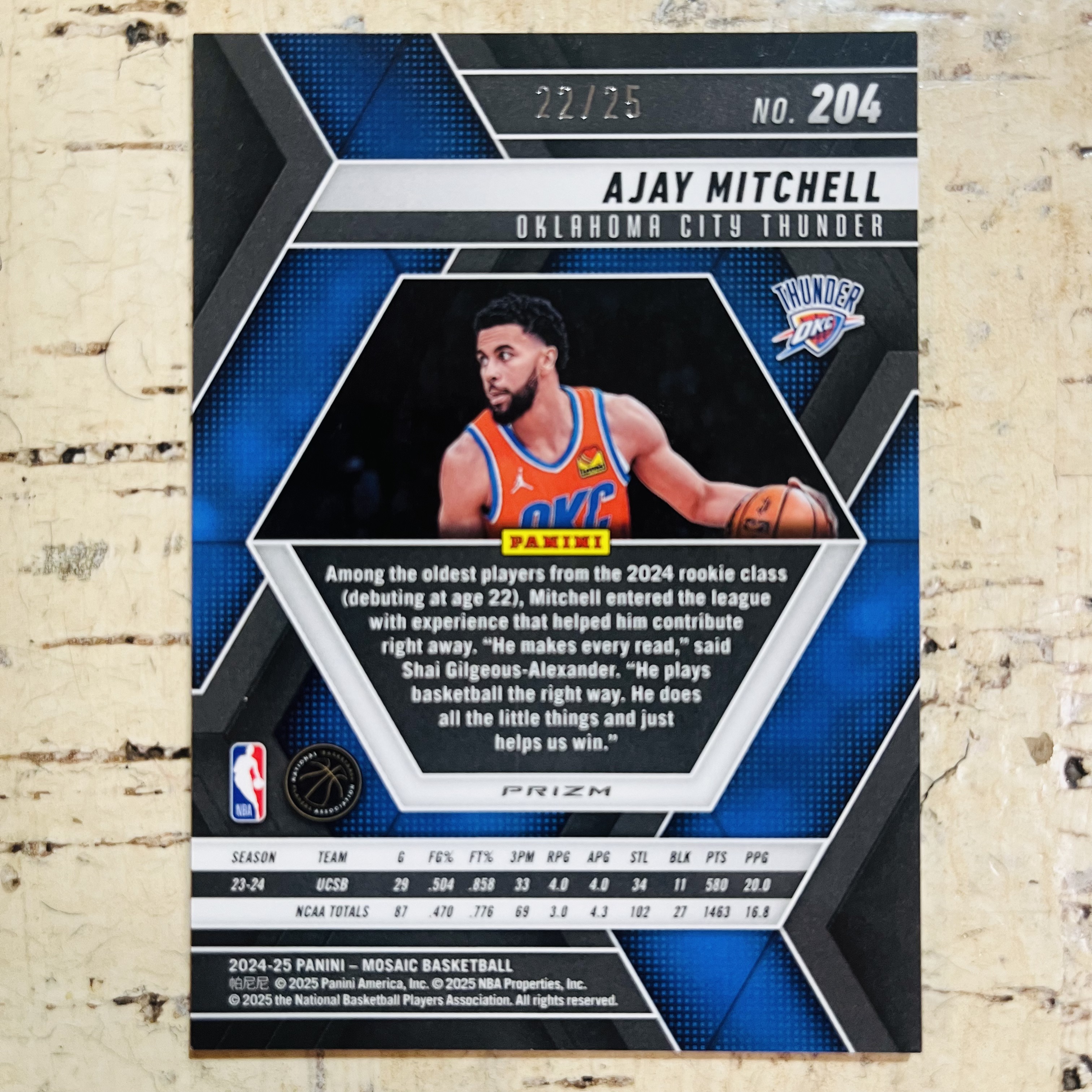 2024-25 Panini Mosaic Ajay Mitchell RC 新秀 雷霆 阿杰 米切尔 限量 25编 低编 背号编 白圈圈折 马赛克 稀有折射 凑彩虹必备【小卡迷拍卖 可累积半年】