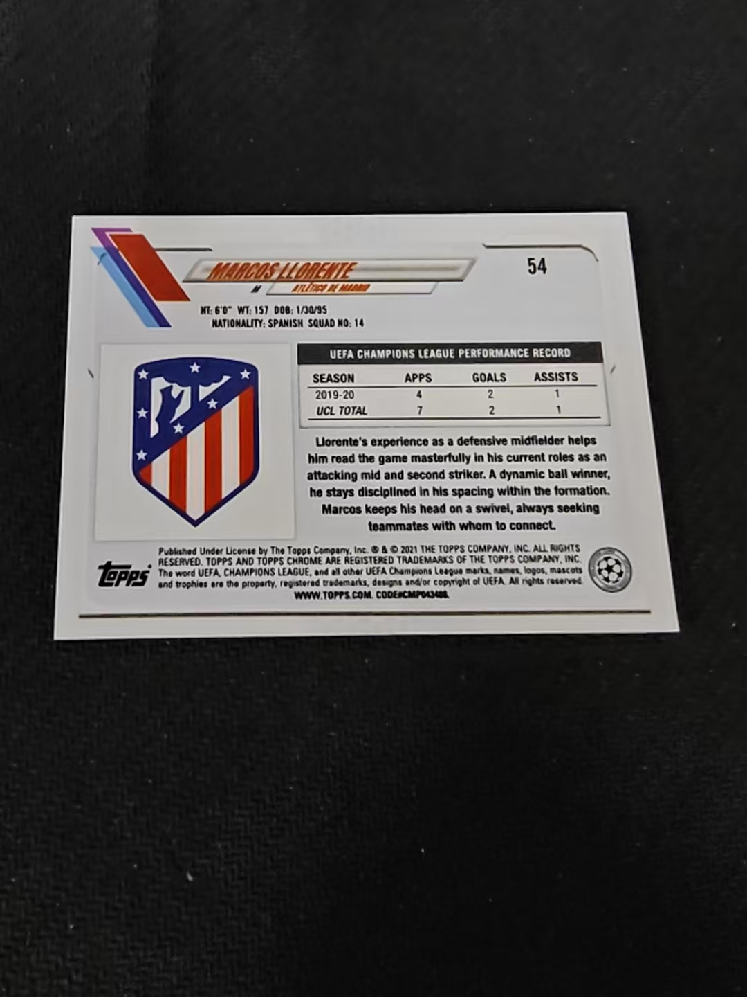 【可合并,不累计】2021 Topps Chrome Marcos Llorente 马竞 略伦特 太子 欧冠 碎点折 碎花折 划痕 边角瑕疵 #54