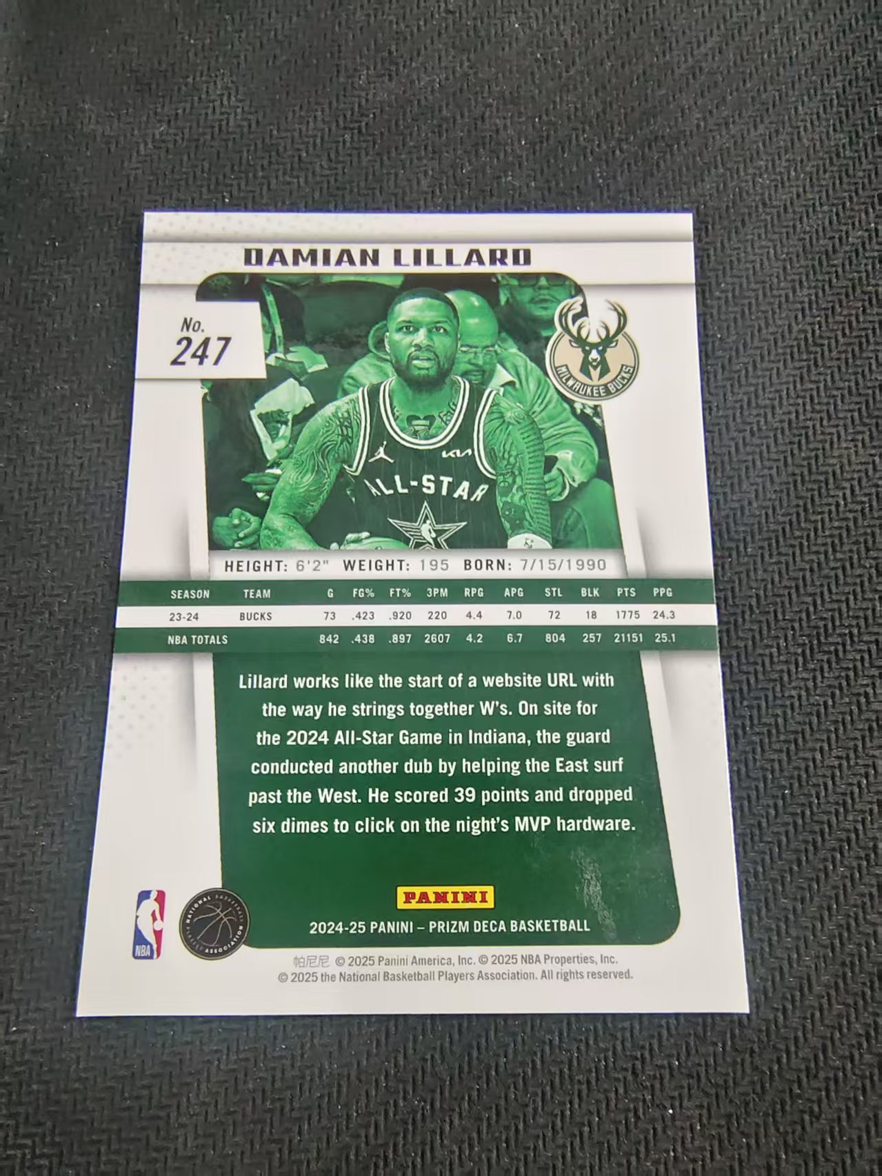 【可合并,不累计】2024-25 Panini Prizm Deca Damian Lillard 达米安 利拉德 雄鹿 PZ 复刻 全明星 划痕 边角瑕疵 #247