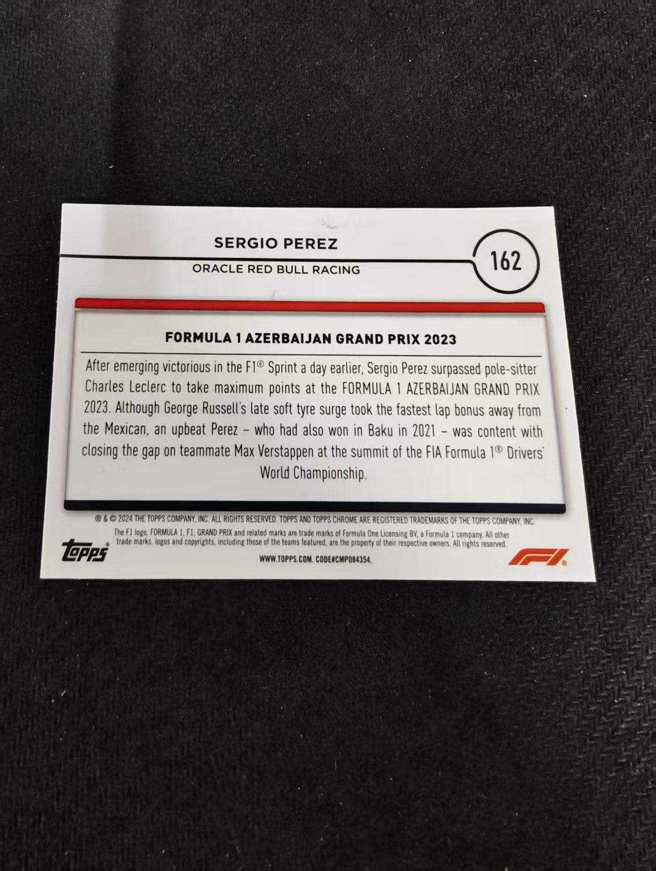 2024 Topps Chrome F1 Sergio Perez 红牛车队 塞尔吉奥 佩雷兹 划痕 边角瑕疵 #162