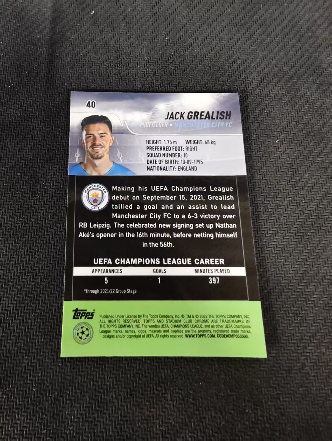 【可合并,不累计】2022 Topps Stadium Club Chrome Jack Grealish 曼城 格拉利什 英格兰 竞技场 欧冠 划痕 边角瑕疵 #40