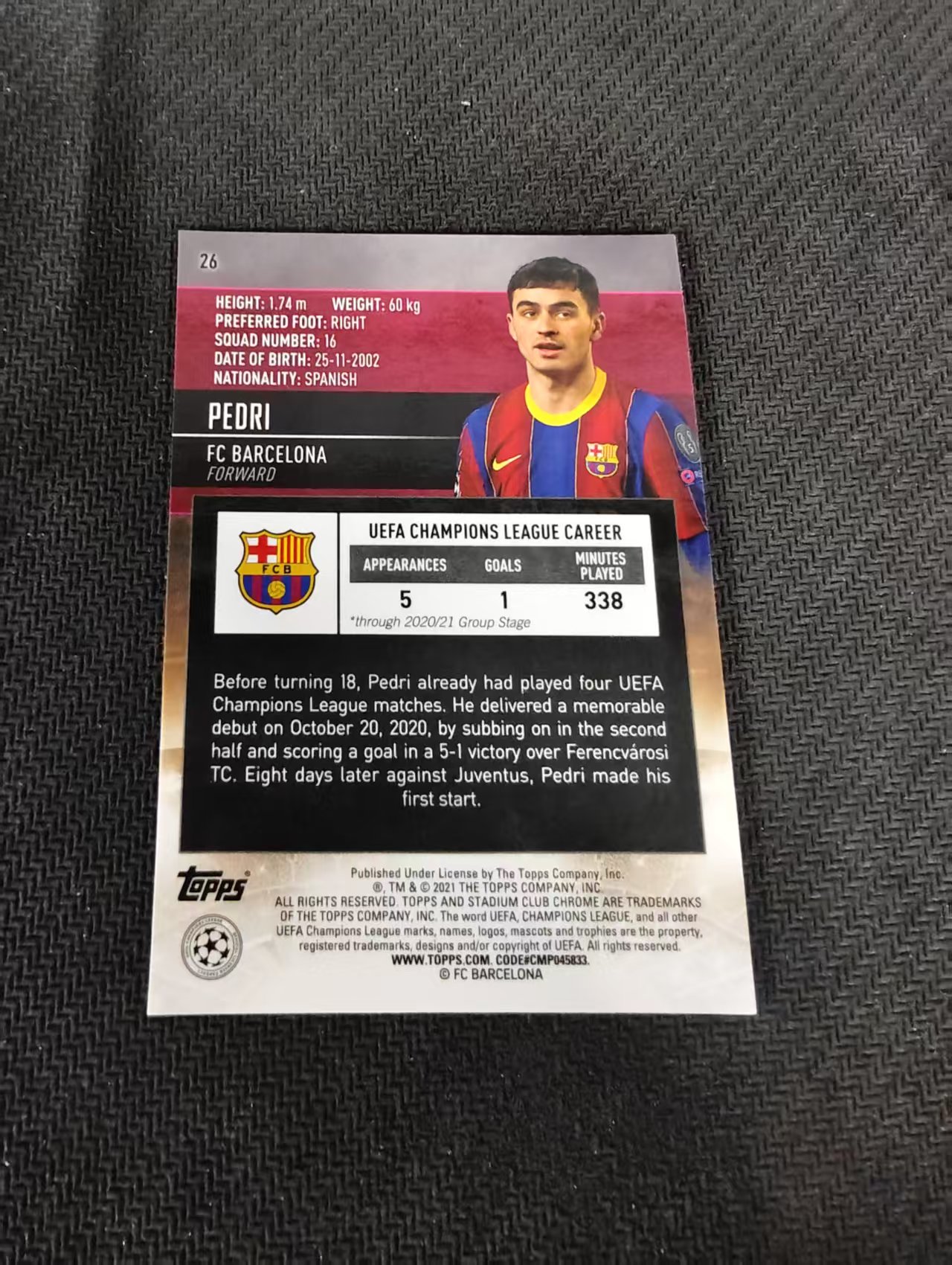【可合并,不累计】2021 Topps Stadium Club Chrome Pedri RC 巴塞罗那 佩德里 新秀 竞技场 欧冠 划痕 边角瑕疵 #26