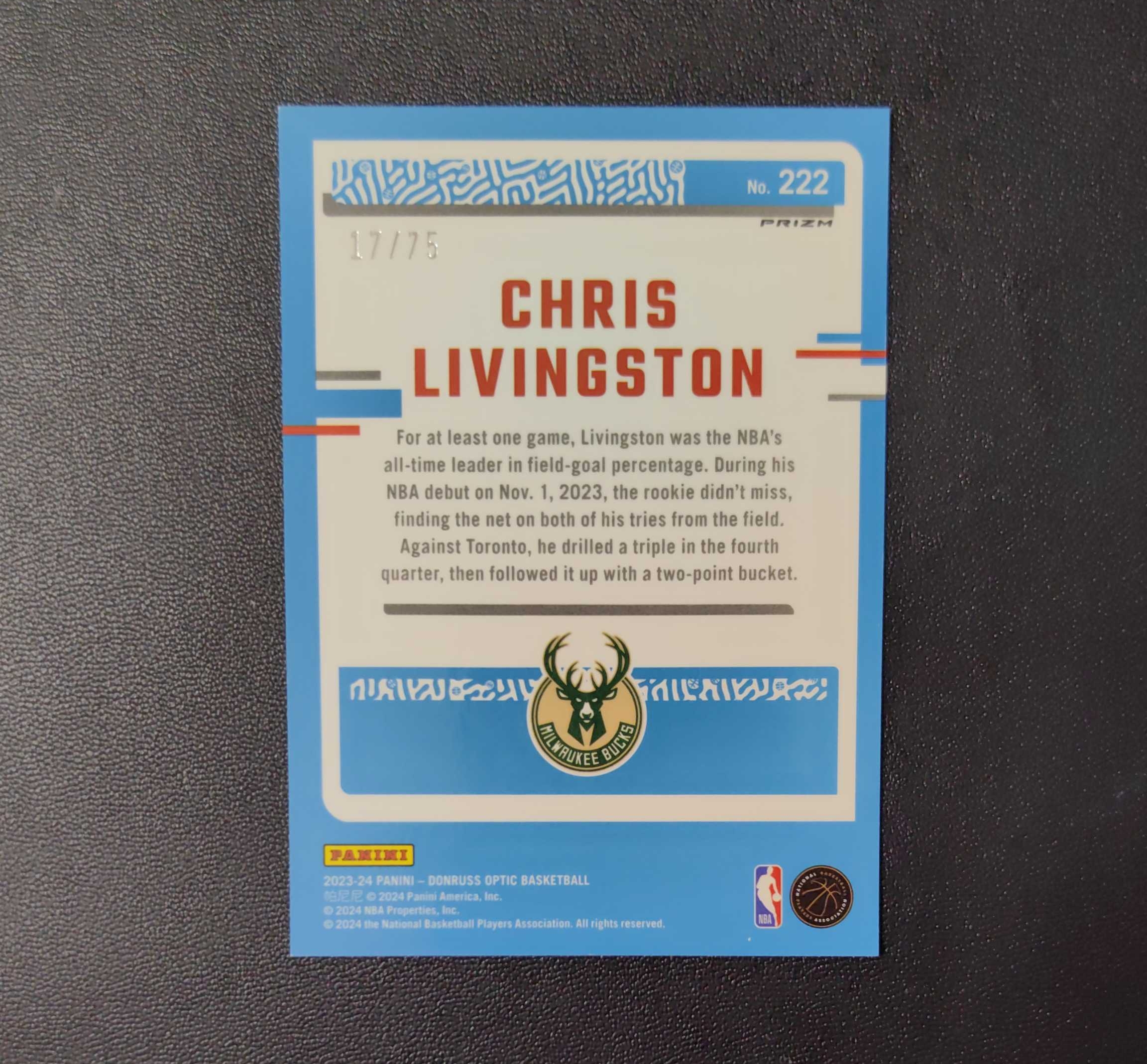 2023-24 Panini Donruss Chris Livingston 杜蕾斯OP 雄鹿 利文斯顿 新秀RC 75编 红碎闪折 东契奇 sga 库里 文班亚马 詹姆斯