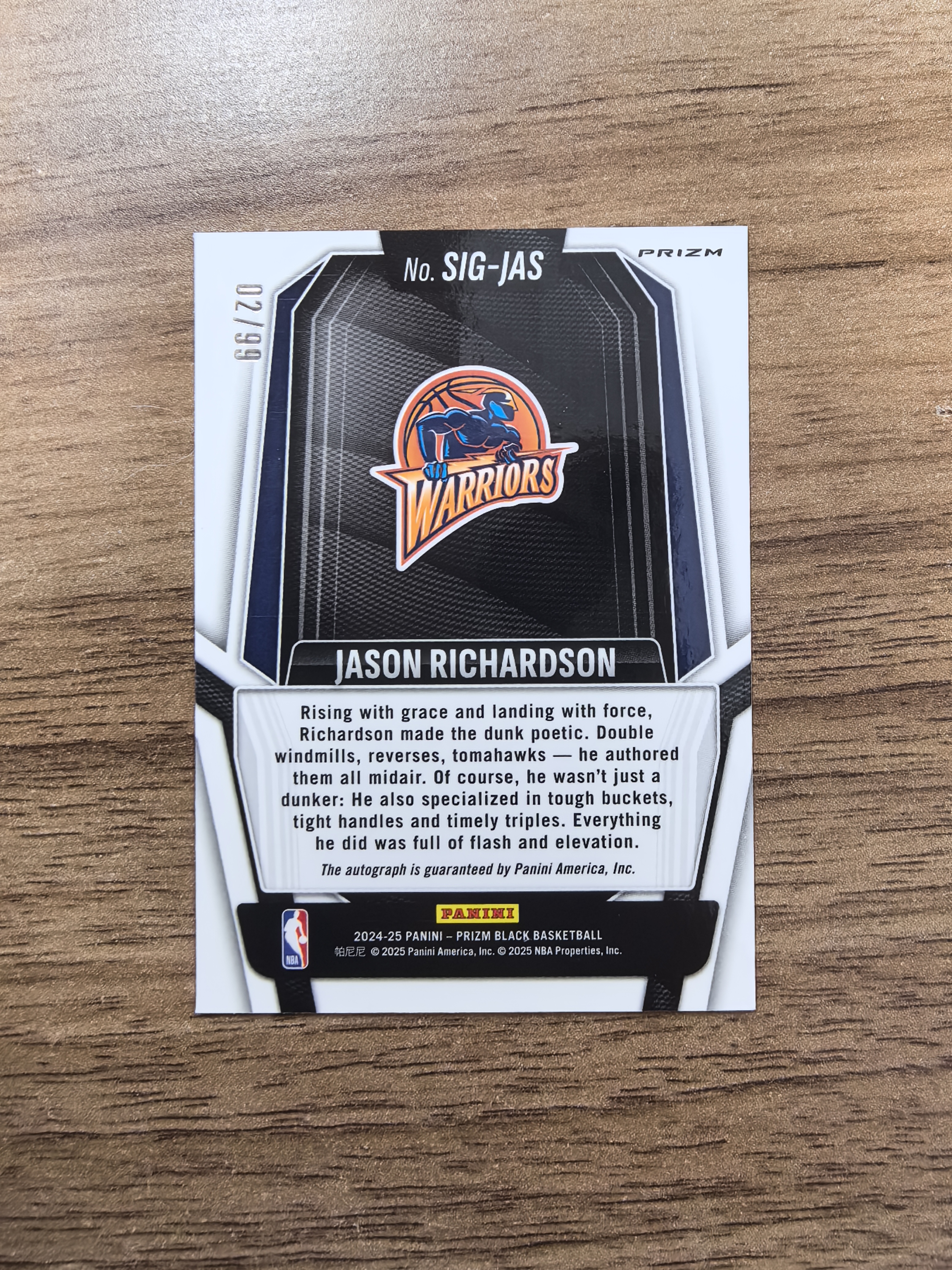 2024-25 Panini Prizm Black Jason Richardson 勇士 杰森理查德森 02/99编 签字 贴签 红折 折射 微瑕 实卡精美 卡品如图 收藏必入 七哥