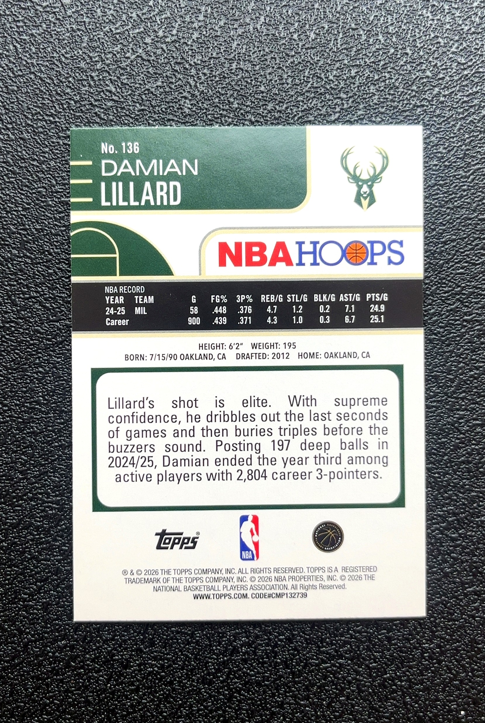 【小白1%代卖】2026 Topps NBA HOOPS Damian Lillard 达米安·利拉德 绿折 折射 卡品如图 高价值 #136 Milwaukee Bucks 0019#139