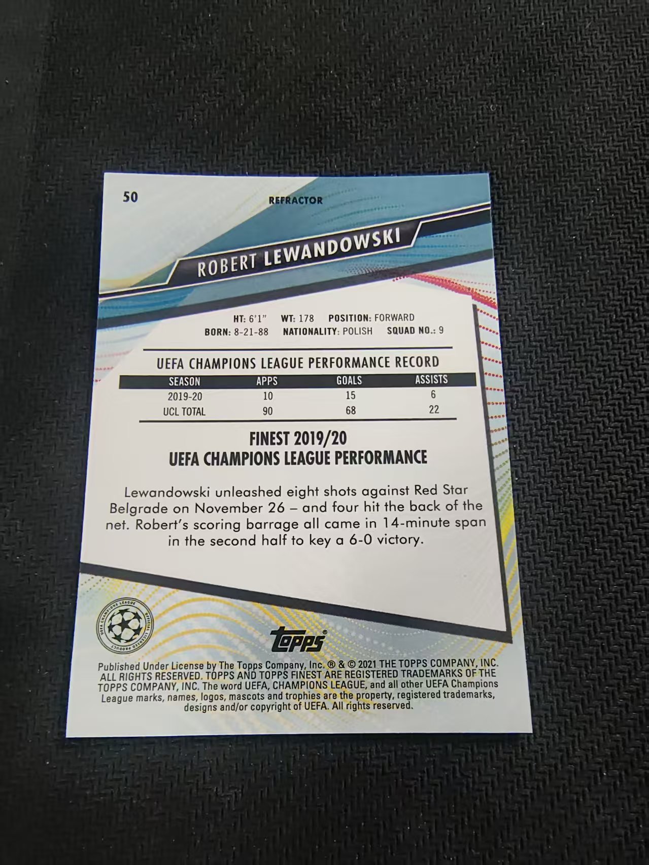 【可合并,不累计】2021 Topps Finest Robert Lewandowski 拜仁 莱万多夫斯基 欧冠 银折 #50