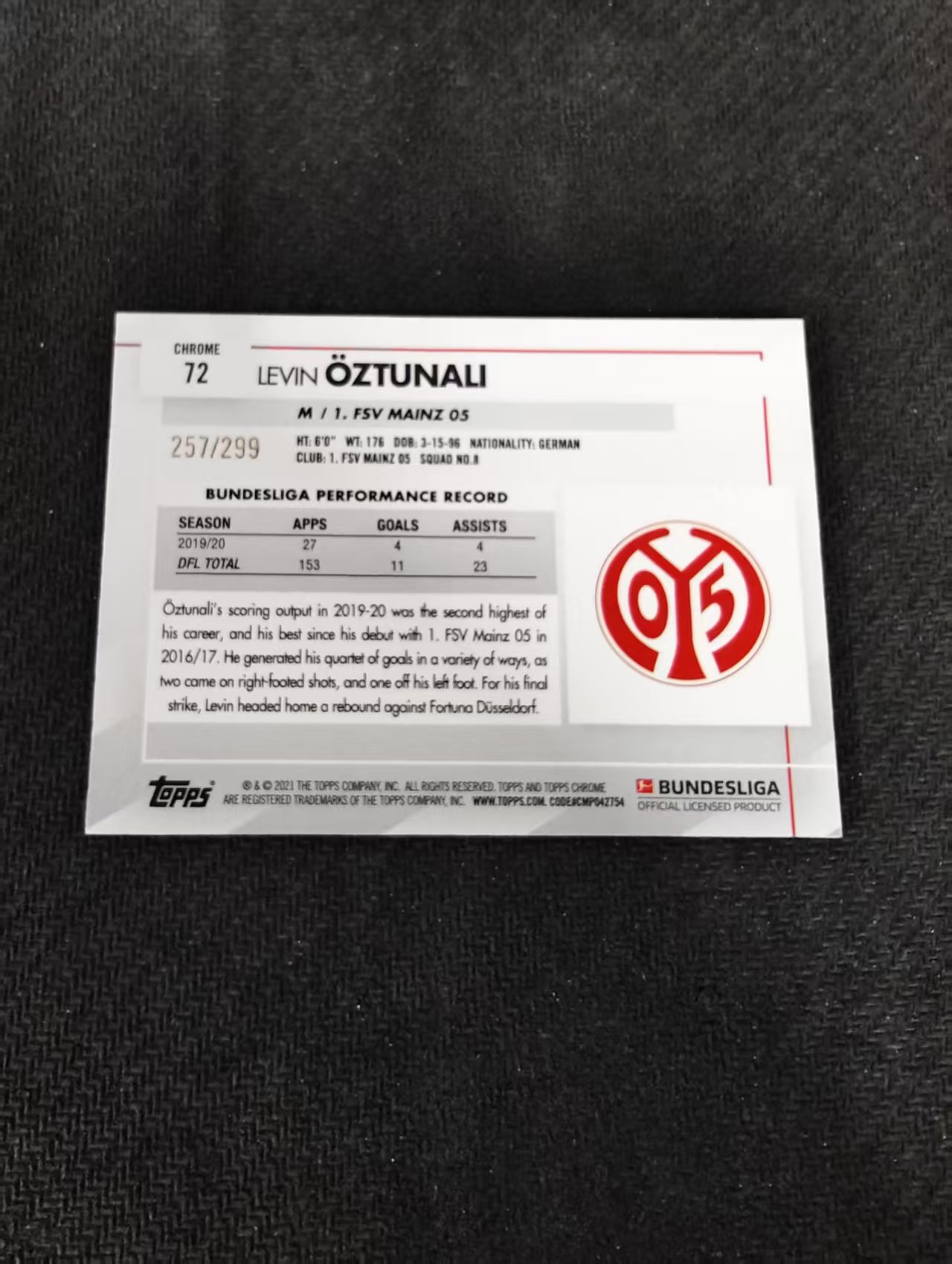 【可合并,不累计】2021 Topps Chrome levin oztunali 勒温 厄兹图纳勒 美因茨 德甲 紫折 299编 划痕 边角瑕疵