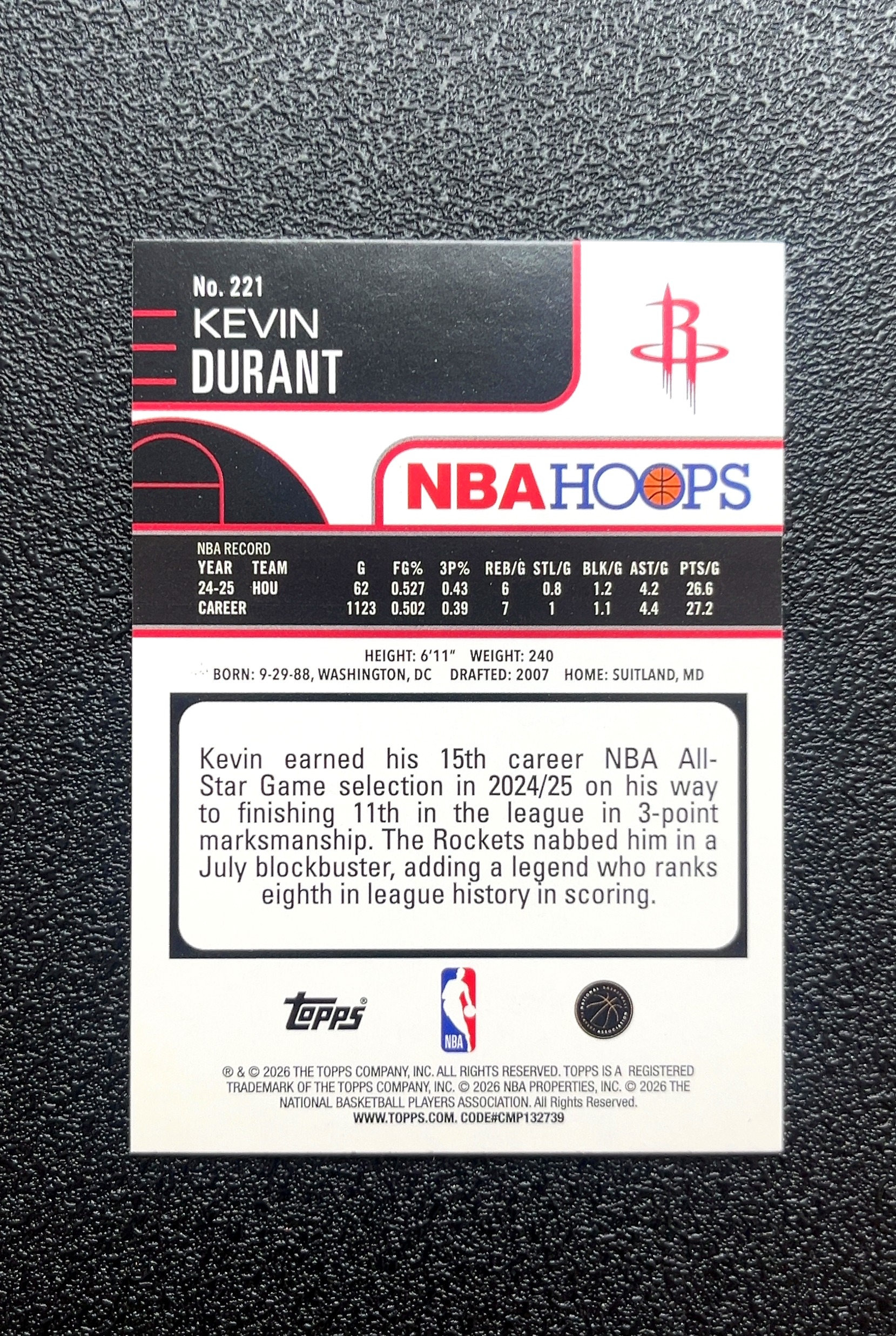 【小白1%代卖】2026 Topps NBA HOOPS KEVIN DURANT 凯文·杜兰特 银格子折 折射 卡品如图 高价值 #221 HOUSTON ROCKETS 0019#142