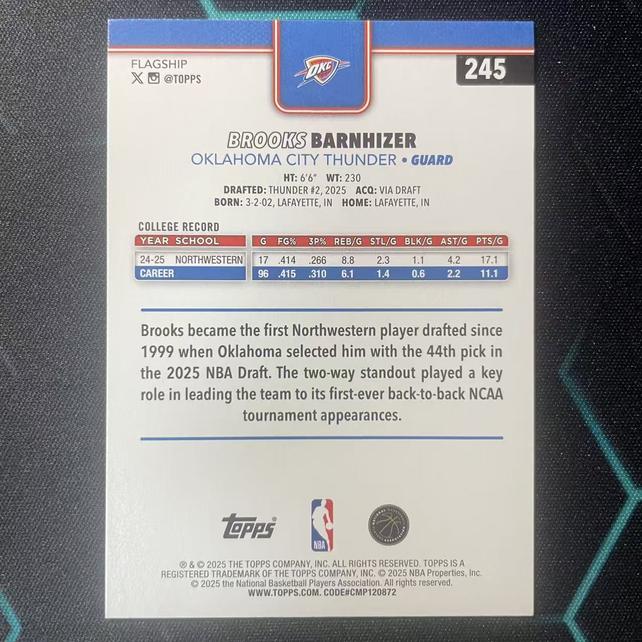 2025 Topps Flagship Brooks Barnhizer RC 【阿福代卖】 布鲁克斯 巴恩海泽 雷霆 新秀 铜平行 2025编 年份编 收藏必备 (行行行)
