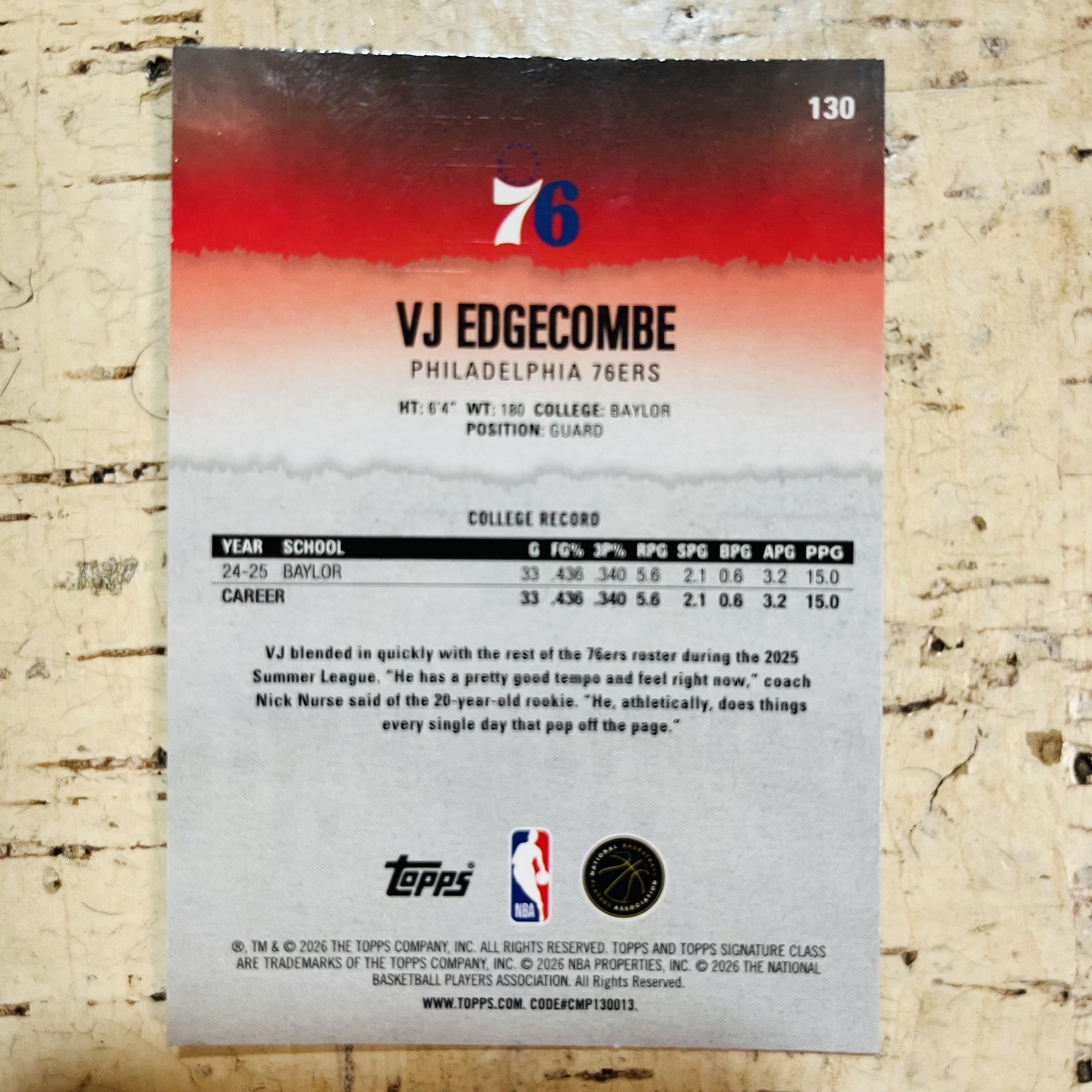 2025-26 Topps Signature Class VJ Edgecombe RC 新秀 76人 vj 埃奇库姆 潘多拉折 格子折 稀有折射 凑彩虹必备【小卡迷拍卖 可累积半年】