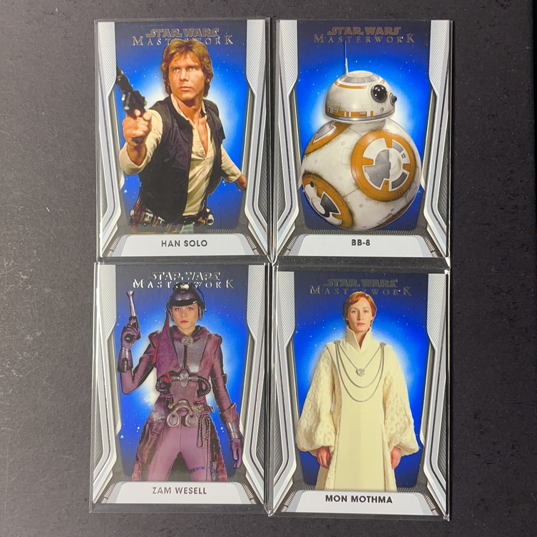 2025 Topps Star Wars 星球大战 汉索罗 BB-8 蒙莫斯玛 扎姆韦瑟尔 base蓝平行4张打包序号如图 2020 Topps 星战影视Masterwork大师盒系列