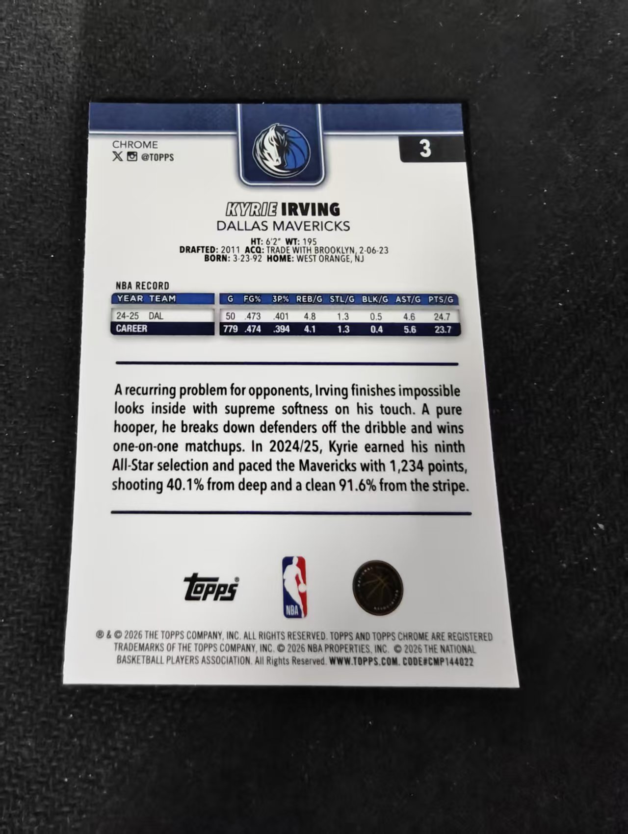 2026 Topps Chrome Update 独行侠 Kyrie Irving 凯里 欧文 TCU 划痕 边角瑕疵 #3
