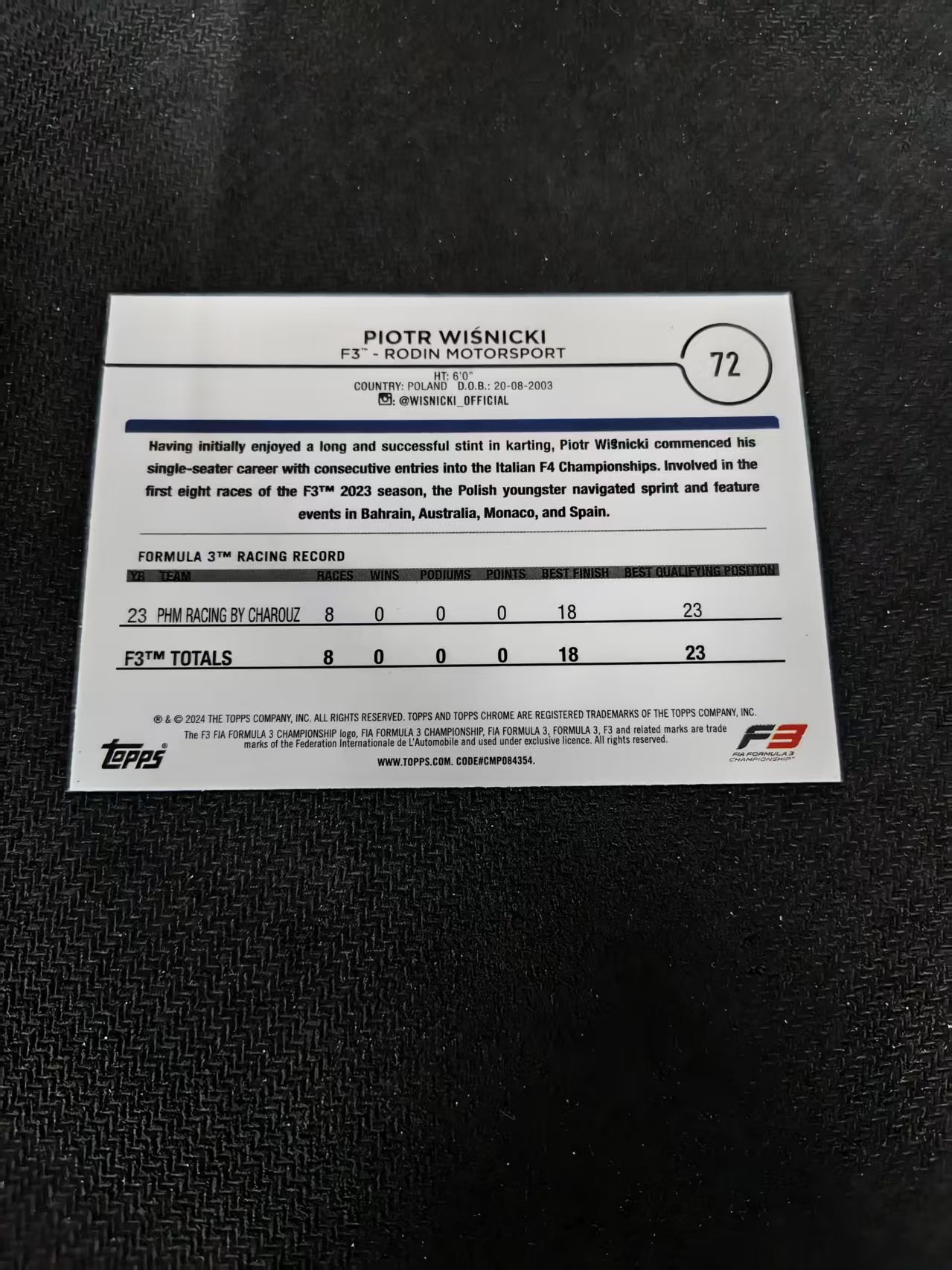 2024 Topps Chrome F1 Piotr Wisnicki 皮奥托 维斯尼基 F3 划痕 边角瑕疵 #72