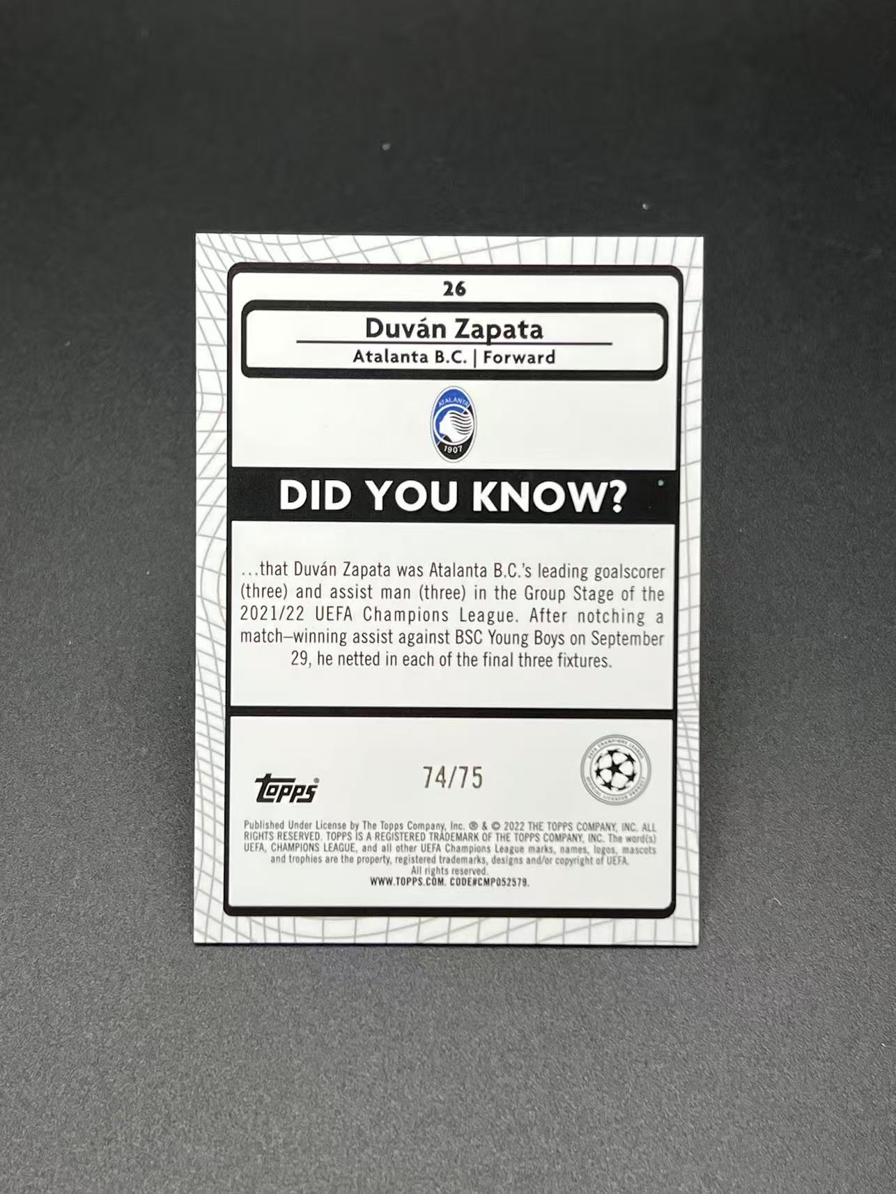 2022 Topps Merlin Duvan Zapata 【湖水蓝拍卖】 萨帕塔 亚特兰大 欧冠 梅林 蓝折 75编 专收必备