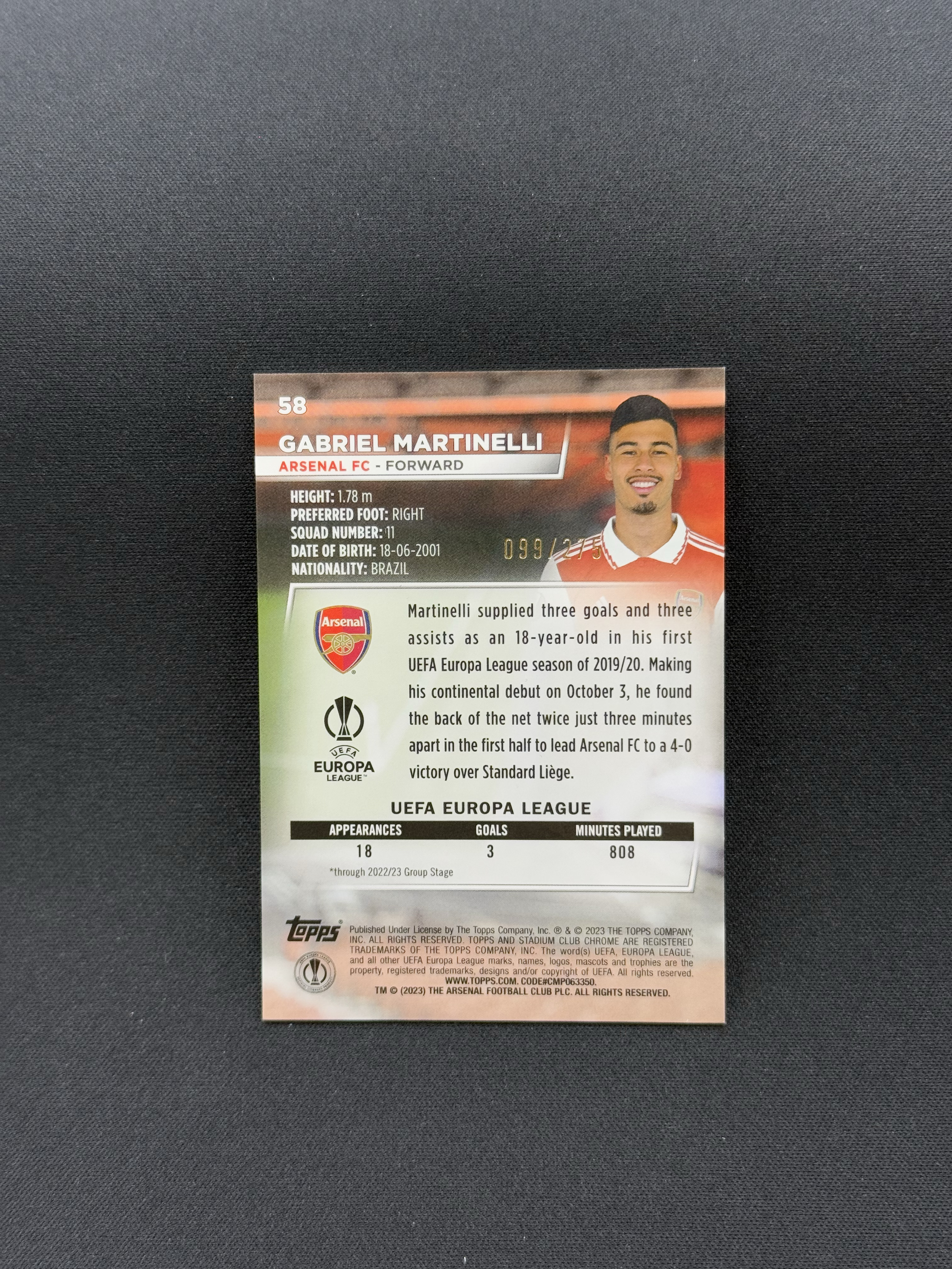 2022-23 Topps Stadium Club Gabriel Martinelli 【小贝代拍】欧战 竞技场 阿森纳 巴西 马丁内利 绿波纹折 275编 卡品如图 拍前看描述 H HimL