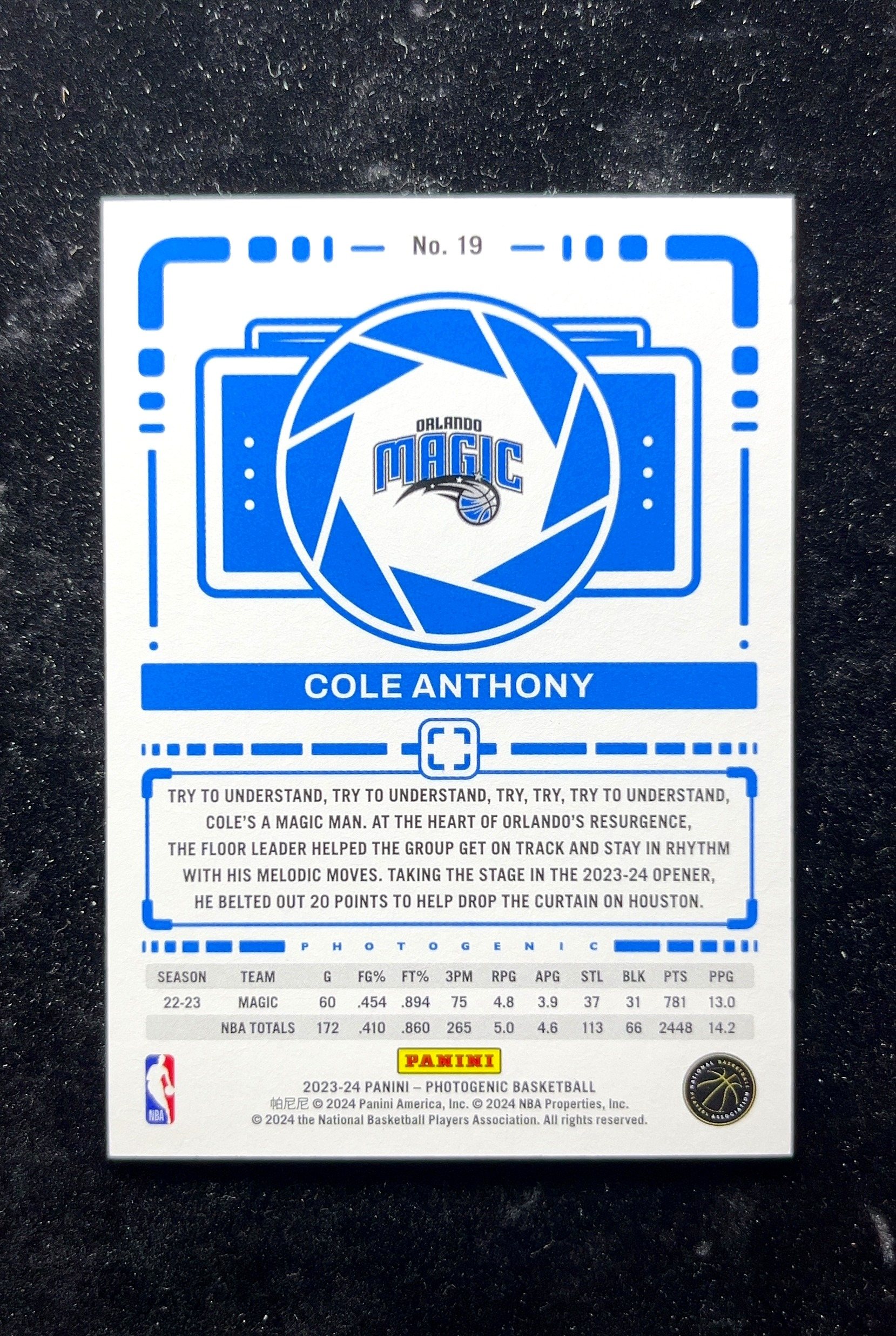 【小白1%代卖】2023-24 Panini Photogenic Cole Anthony 科尔·安东尼 卡品如图 高价值 #19 Orlando Magic 奥兰多魔术 0629