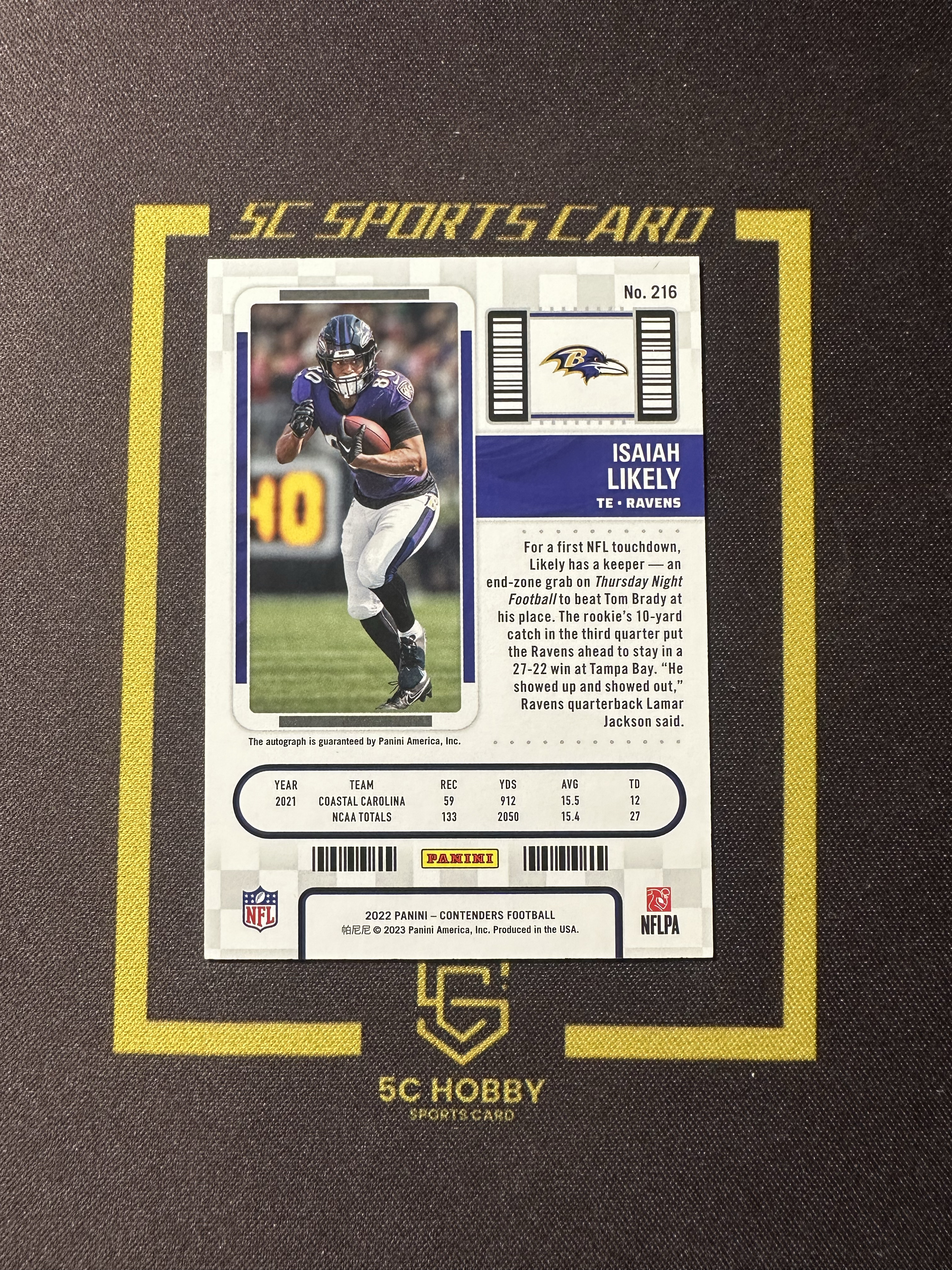【主演出卡】2022 panini 橄榄球 contenders 球票系列 乌鸦 Isaiah Likely 新秀 球票 签字 卡品如图