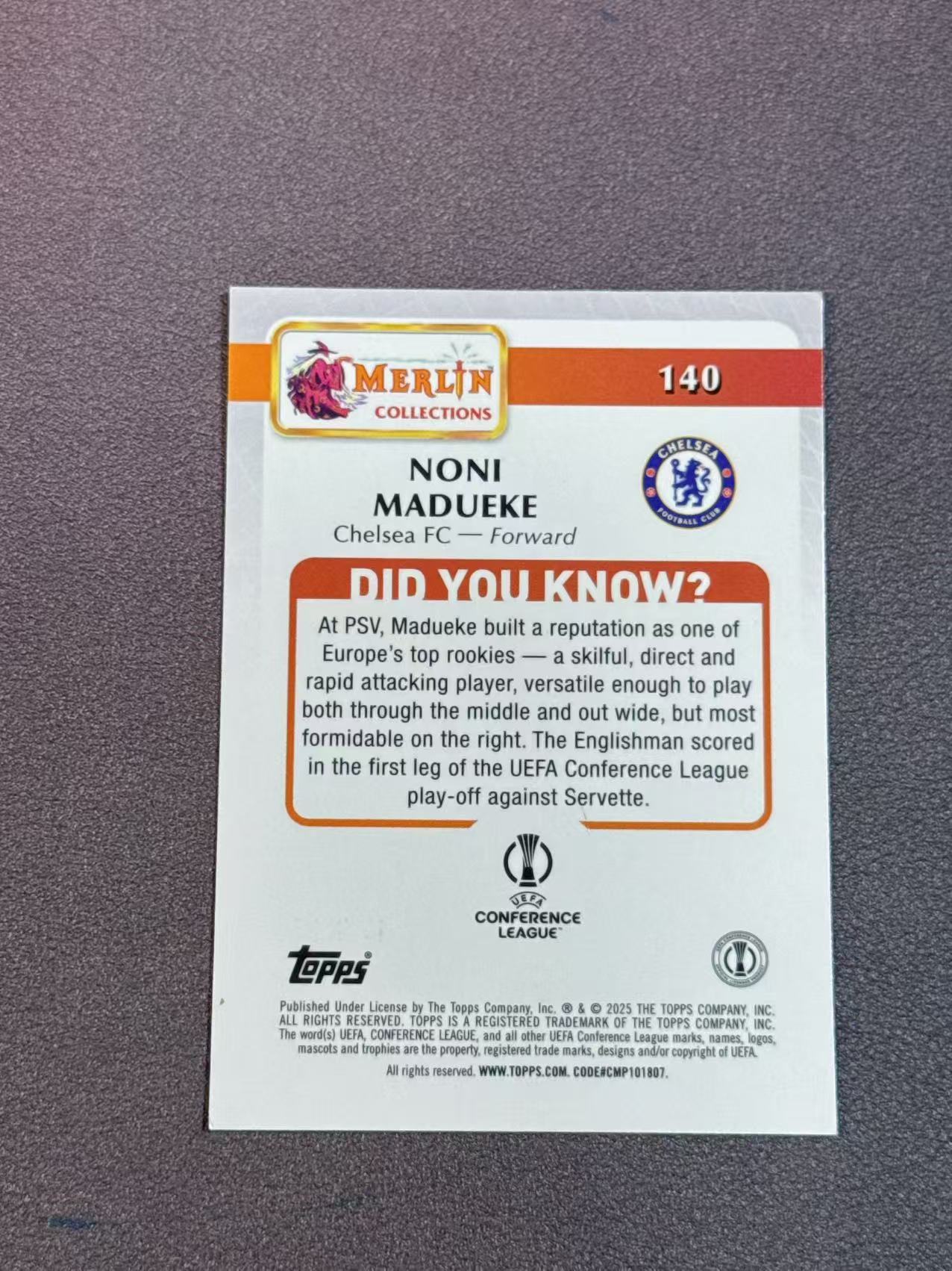 2025 Topps Merlin Noni Madueke 马杜埃凯 切尔西 欧协联 梅林 铜折 250编 收藏必备