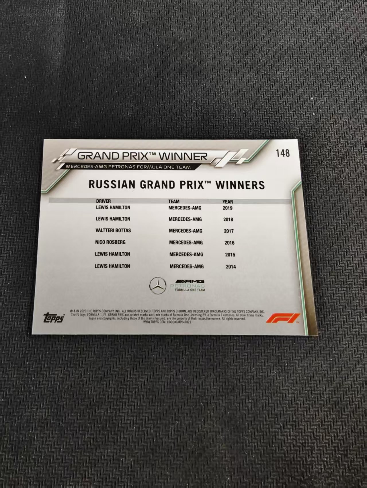 【汽水拍卖】2020 Topps Chrome F1 Lewis Hamilton 元年 方程式赛车 蓝宝石系列 刘易斯 汉密尔顿 梅赛德斯奔驰车队 蓝碎冰折 捧杯