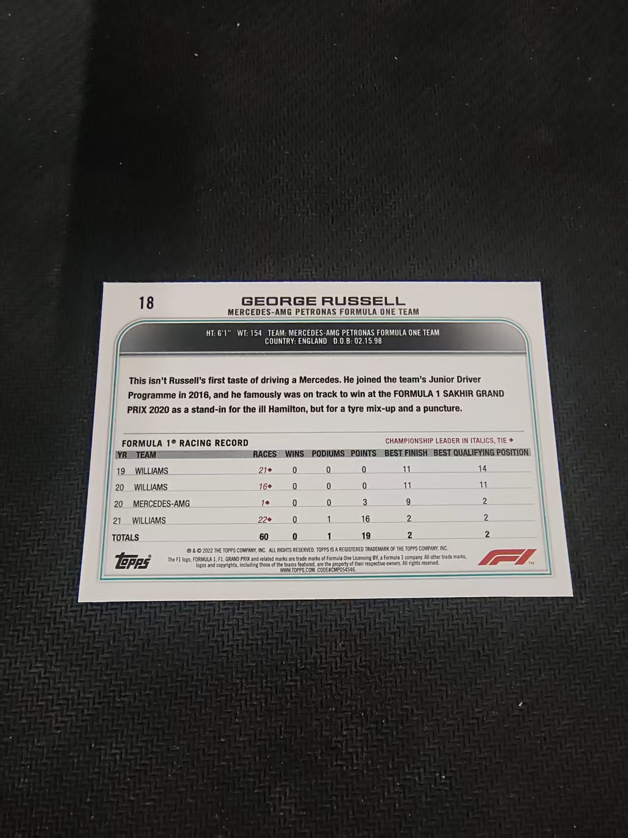 【汽水拍卖】2022 Topps Chrome F1 George Russell 乔治 拉塞尔 梅奔 黑白棋盘 划痕 边角瑕疵 #18