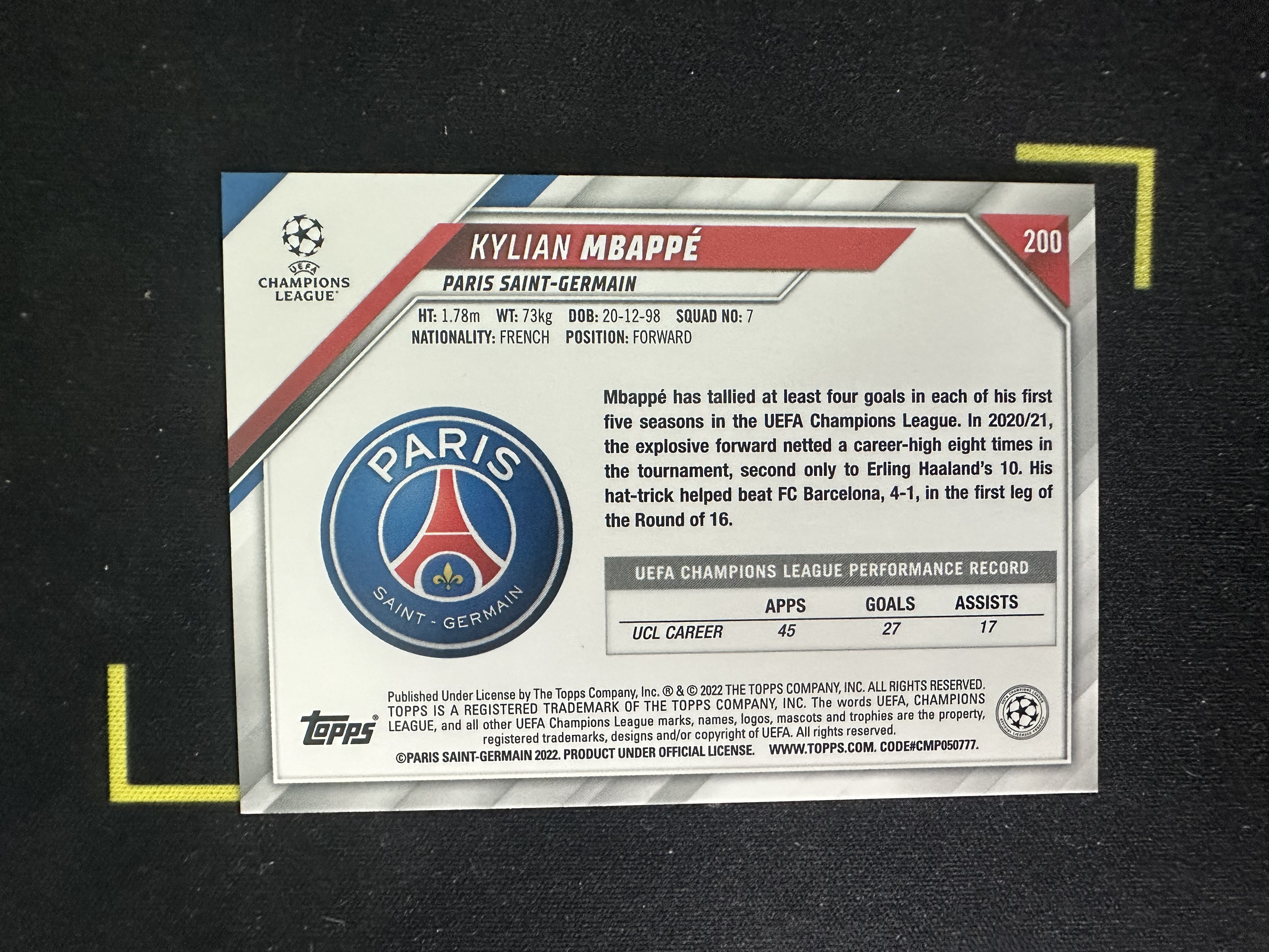 2022 Topps UEFA Champions League Kylian Mbappe 欧冠 UCC 碧玉 姆巴佩 折射 巴黎圣日耳曼 法国