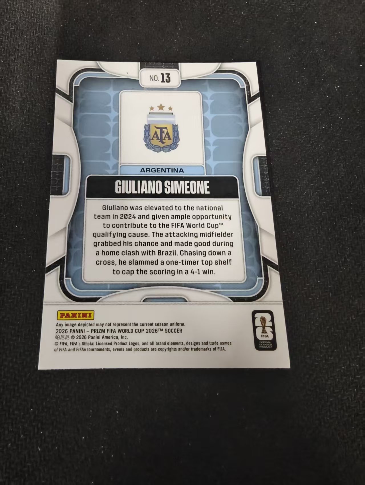 2026 Panini World Cup Prizm Giuliano Simeone 朱利亚诺 西蒙尼 马竞 阿根廷 PZ世界杯 划痕 边角瑕疵#13