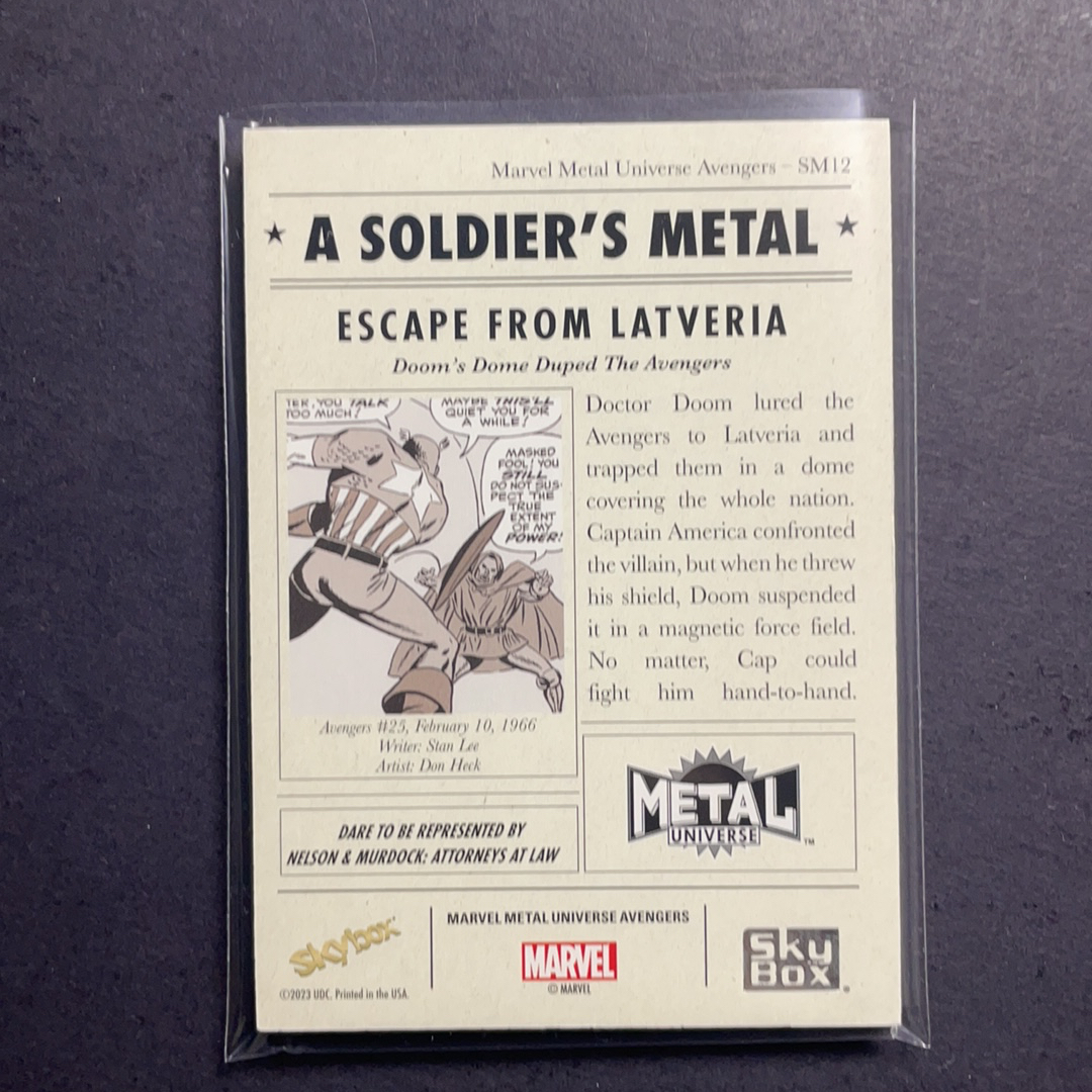 2024 SkyBox Marvel (MCU) 复仇者联盟 美国队长vs毁灭博士 大比例插放 箱货 战士的徽章沙盒特卡 序号SM12 2024 UD漫威漫画Metal Universe复联系列