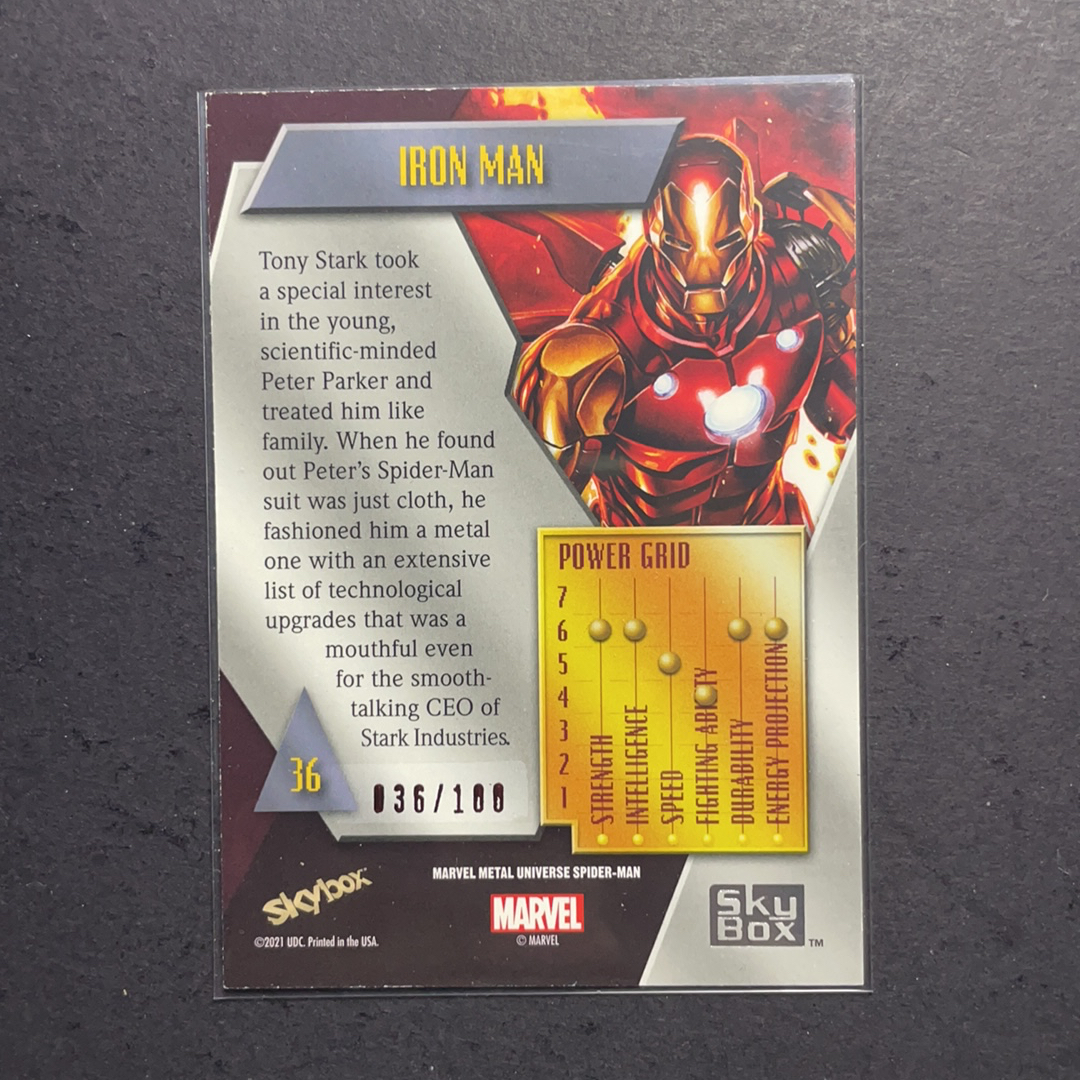 2023 SkyBox Marvel (MCU) Metal蜘蛛侠 钢铁侠 PMG红宝石100编 序号36 2021 UD漫威漫画Metal Universe蜘蛛侠系列