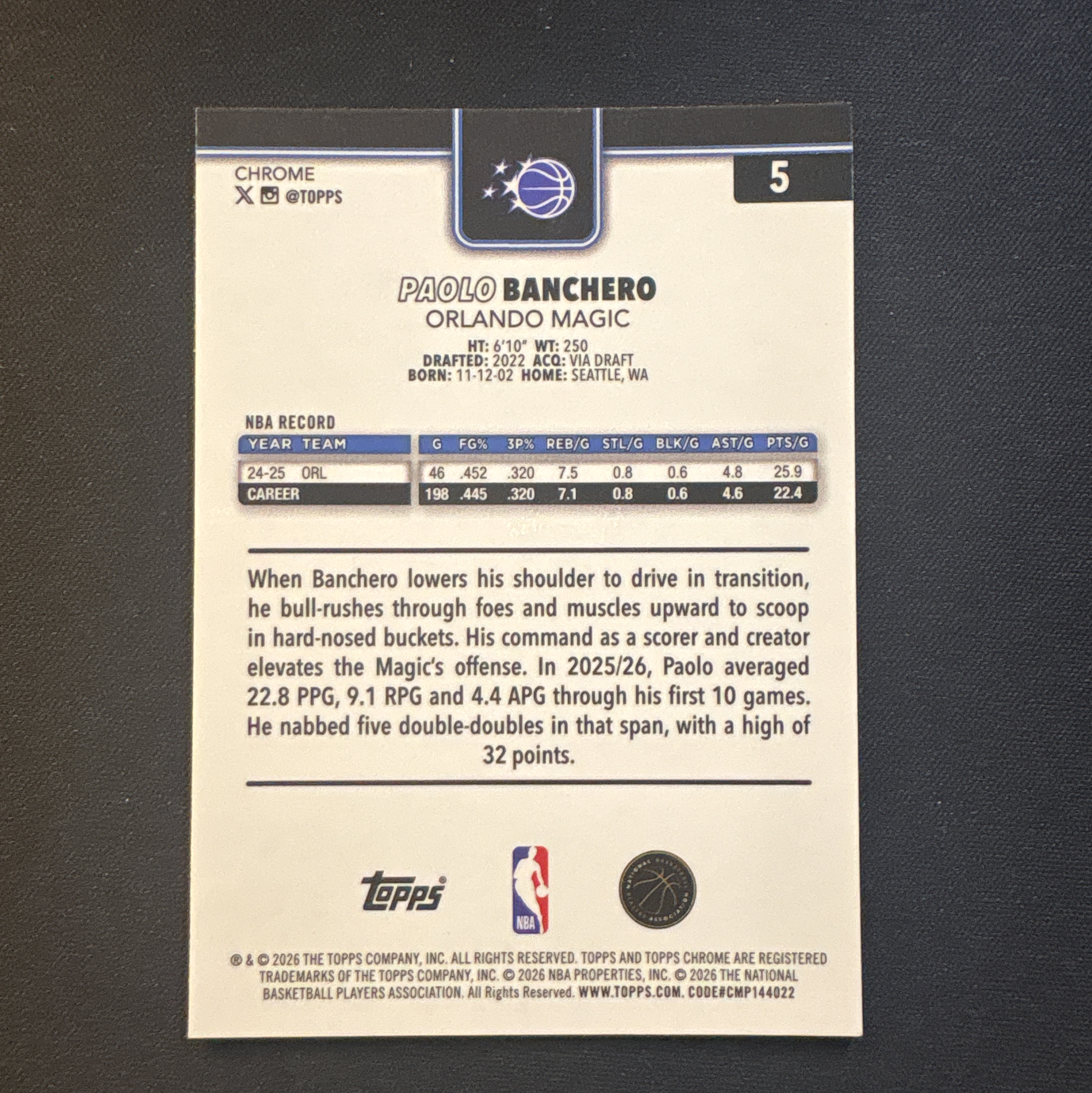 2025-26 Topps Chrome Paolo Banchero 【爆爆代卖】班凯罗 班切罗 银折 点点折 碎点折 折射 Base 奥兰多魔术 专收必备 卡品如图 #靓星