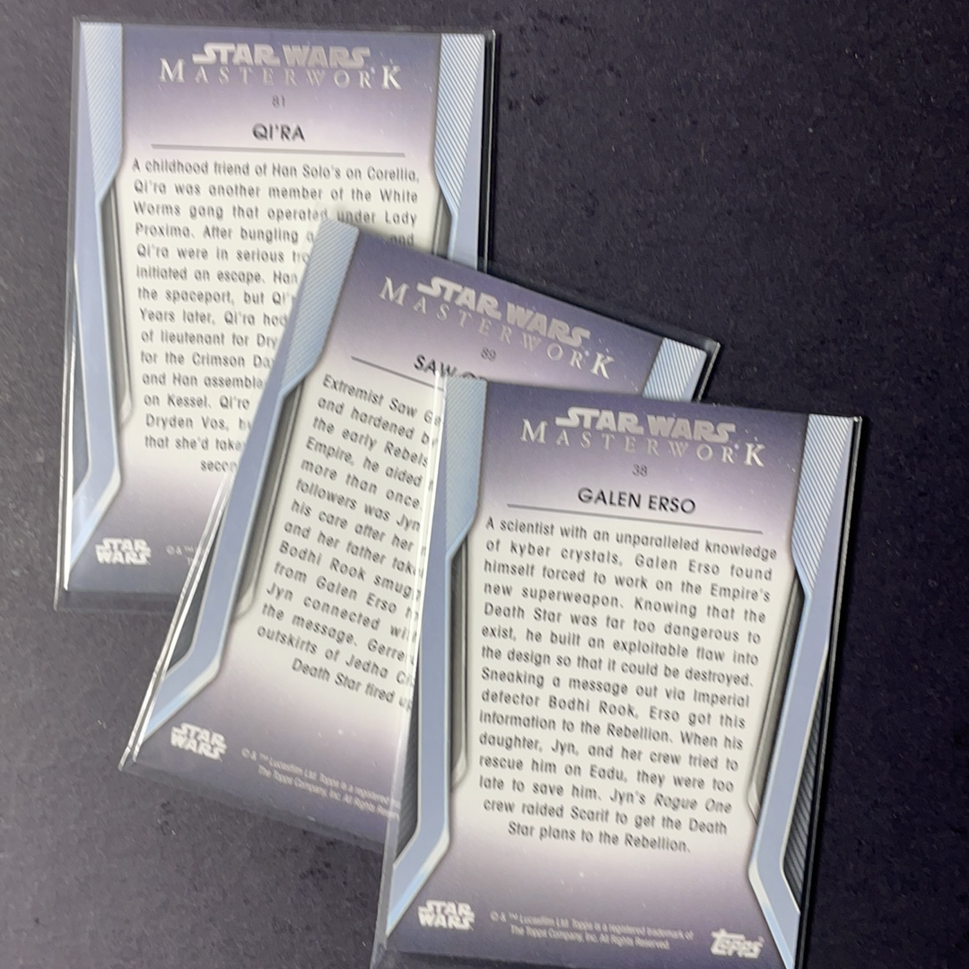 2025 Topps Star Wars 星球大战 盖伦厄索 琦拉 索格雷拉 拔叔 龙妈 base蓝平行3张打包序号如图 2020 Topps 星战影视Masterwork大师盒系列