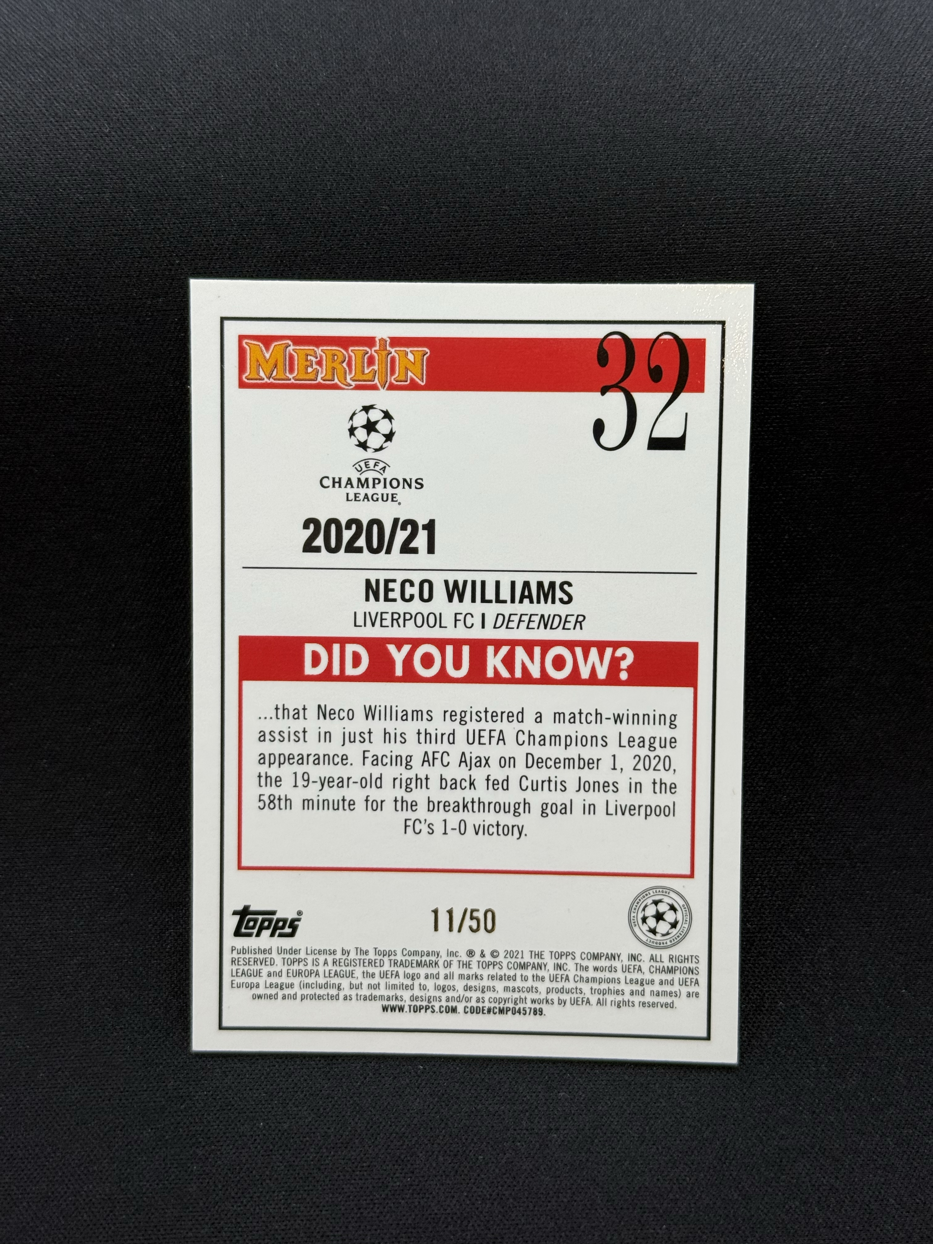 2020-21 Topps Merlin Neco Williams RC 【小贝代拍】欧冠 元年 梅林 利物浦 新秀 内科 威廉姆斯 金折 50编 瑕疵如图 拍前看描述 H CT