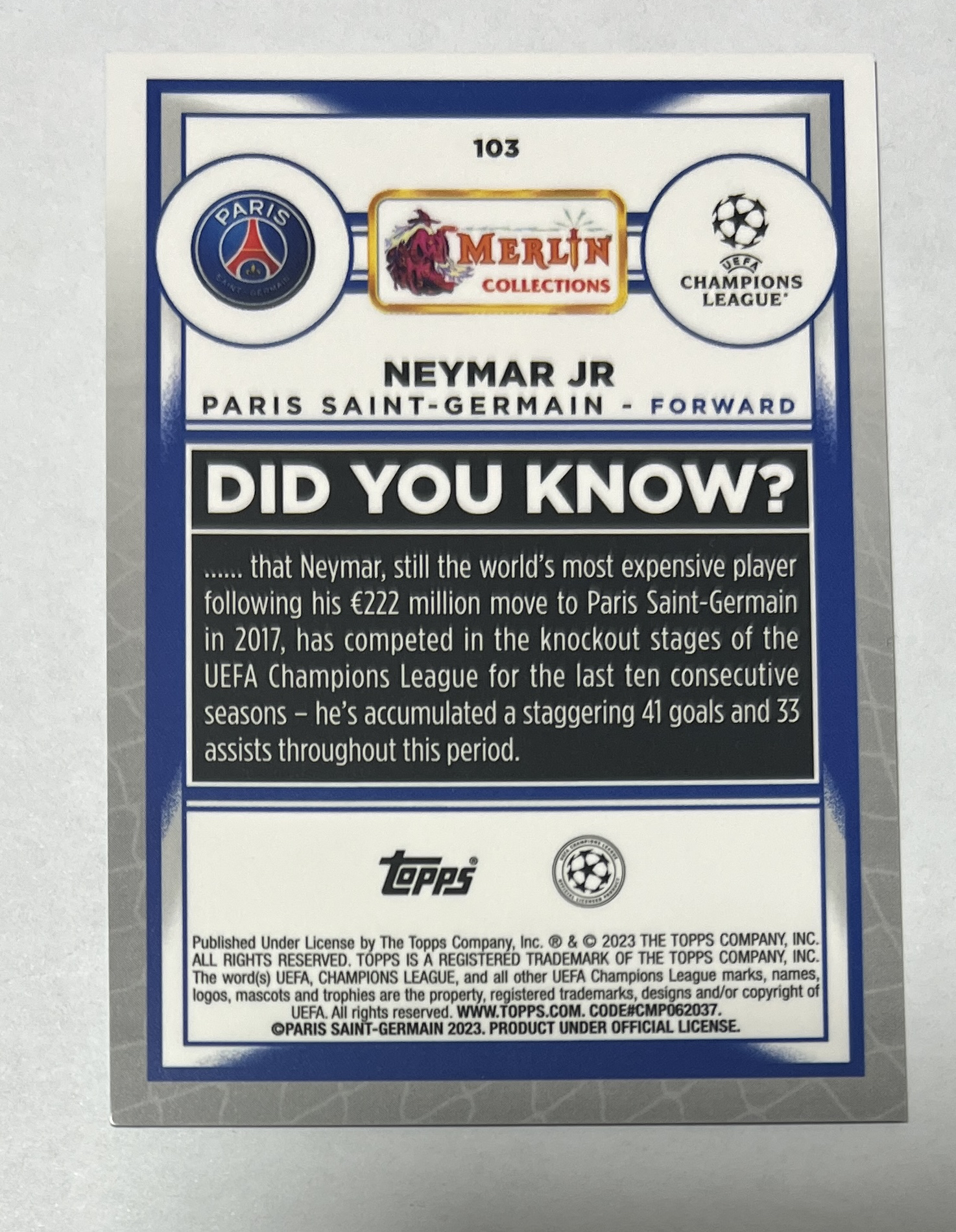 2023 Topps Merlin Neymar Jr 内马尔 马儿 巴西 巴萨 巴塞罗那 巴黎 Base 123/199编 青碎点折 UEFA 欧冠 梅林 卡品如图