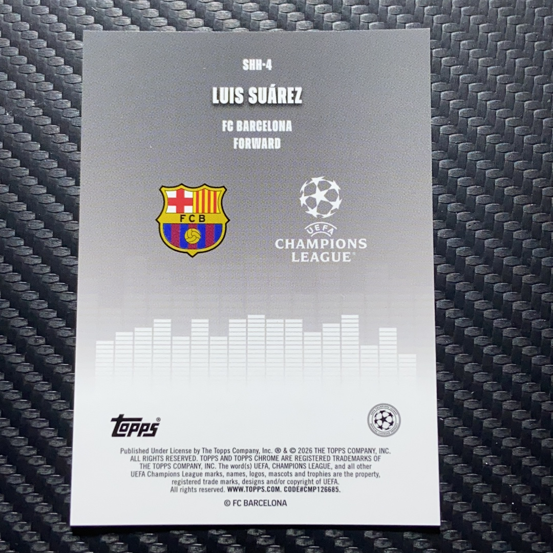 2026 Panini Chrome 卡品如图(一哥) Luis Suárez 欧战 UCC 欧冠 巴塞罗那 巴萨 苏亚雷斯 银折静音特卡 Silenced 大比例