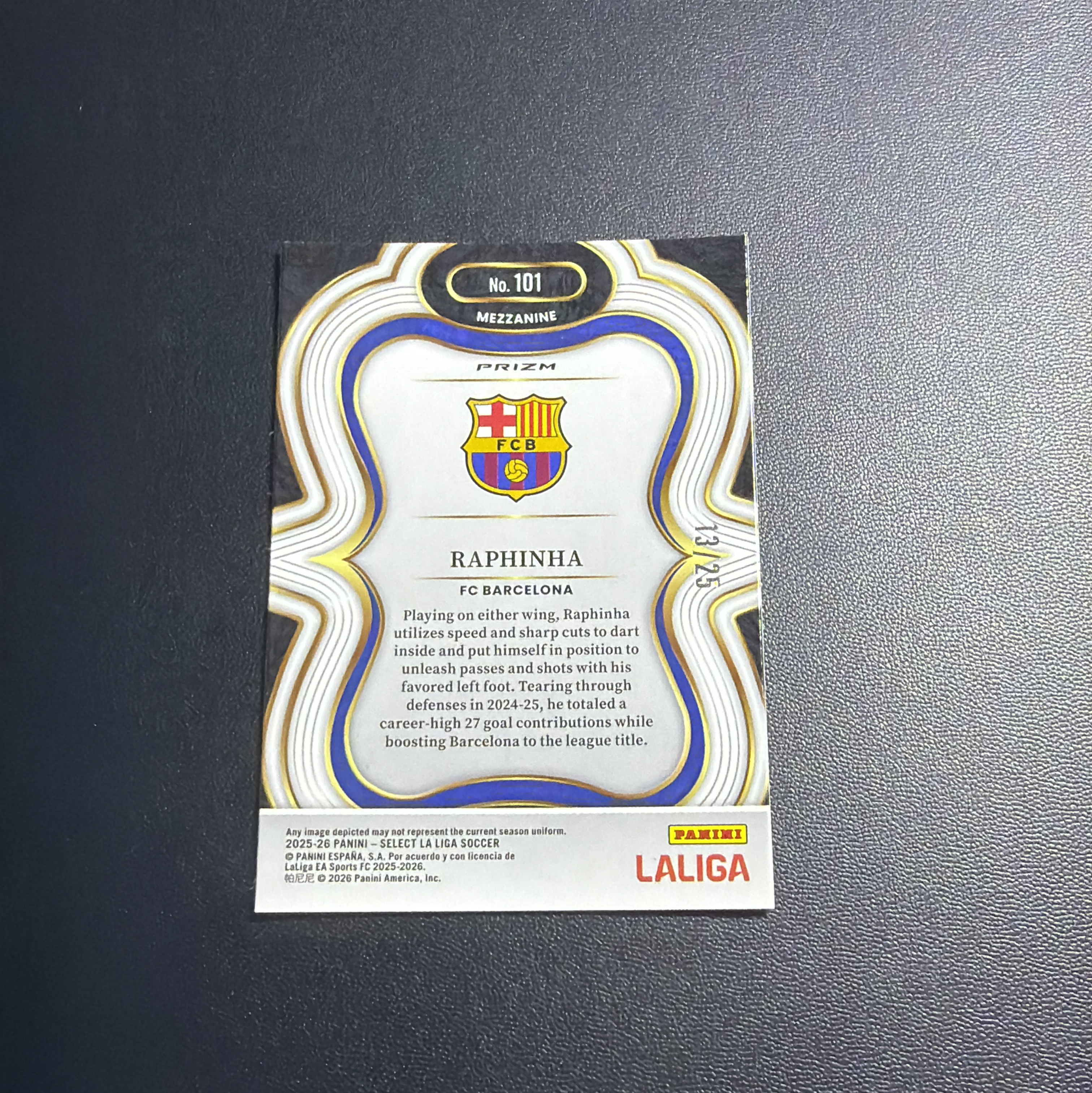 【小牛代拍】2025-26 Panini Select Raphinha 西甲 巴萨 巴塞罗那 拉菲尼亚 巴西 Base 二级 迷彩折 折射 限量低编 13/25编 卡品如图(臧总)