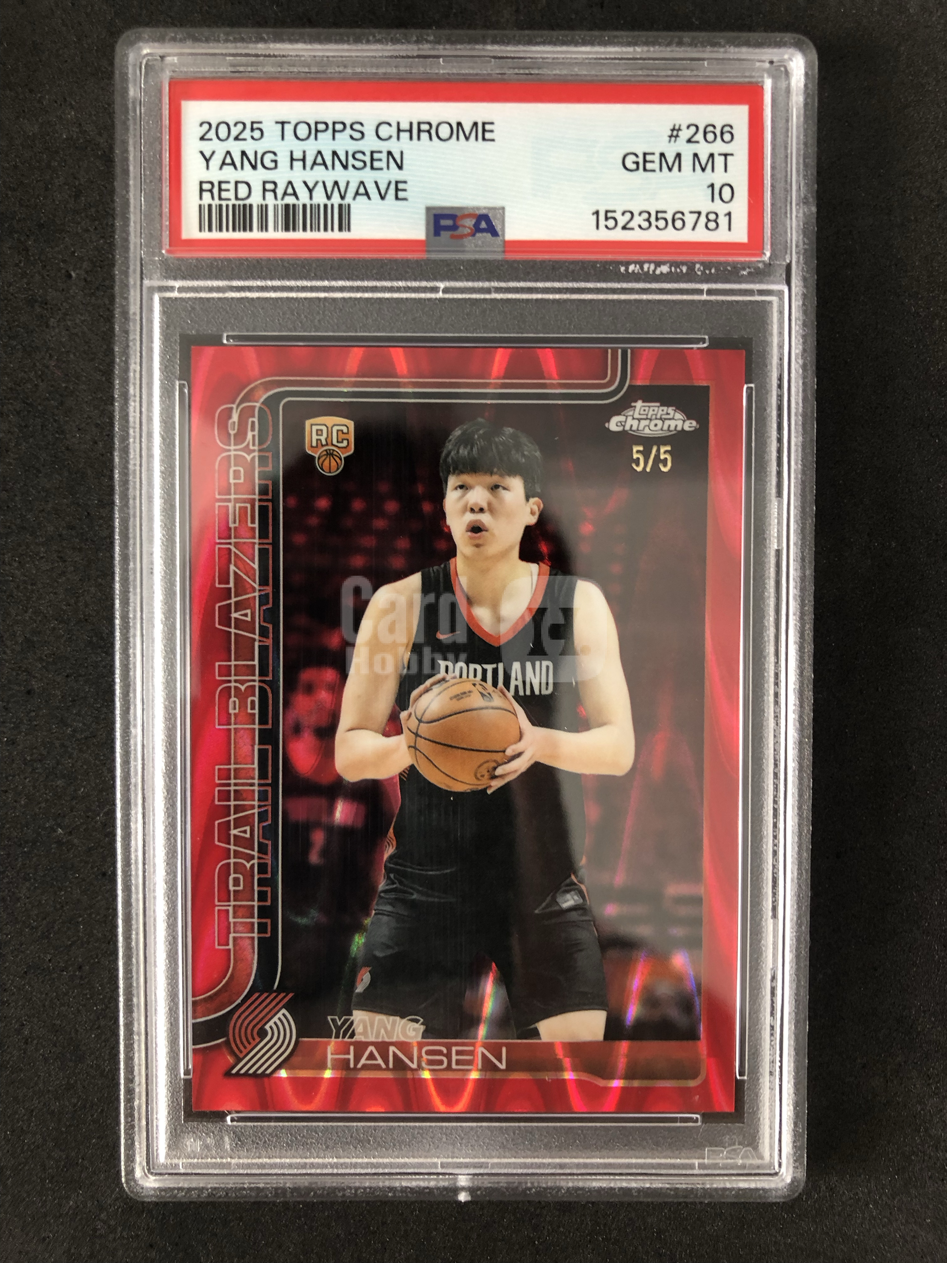 2025 Topps Chrome 杨瀚森 RC 杨瀚森 新秀 开拓者 5/5编 尾编 红波纹折 PSA评级 10分 全网首张 凑套必备 值得收藏