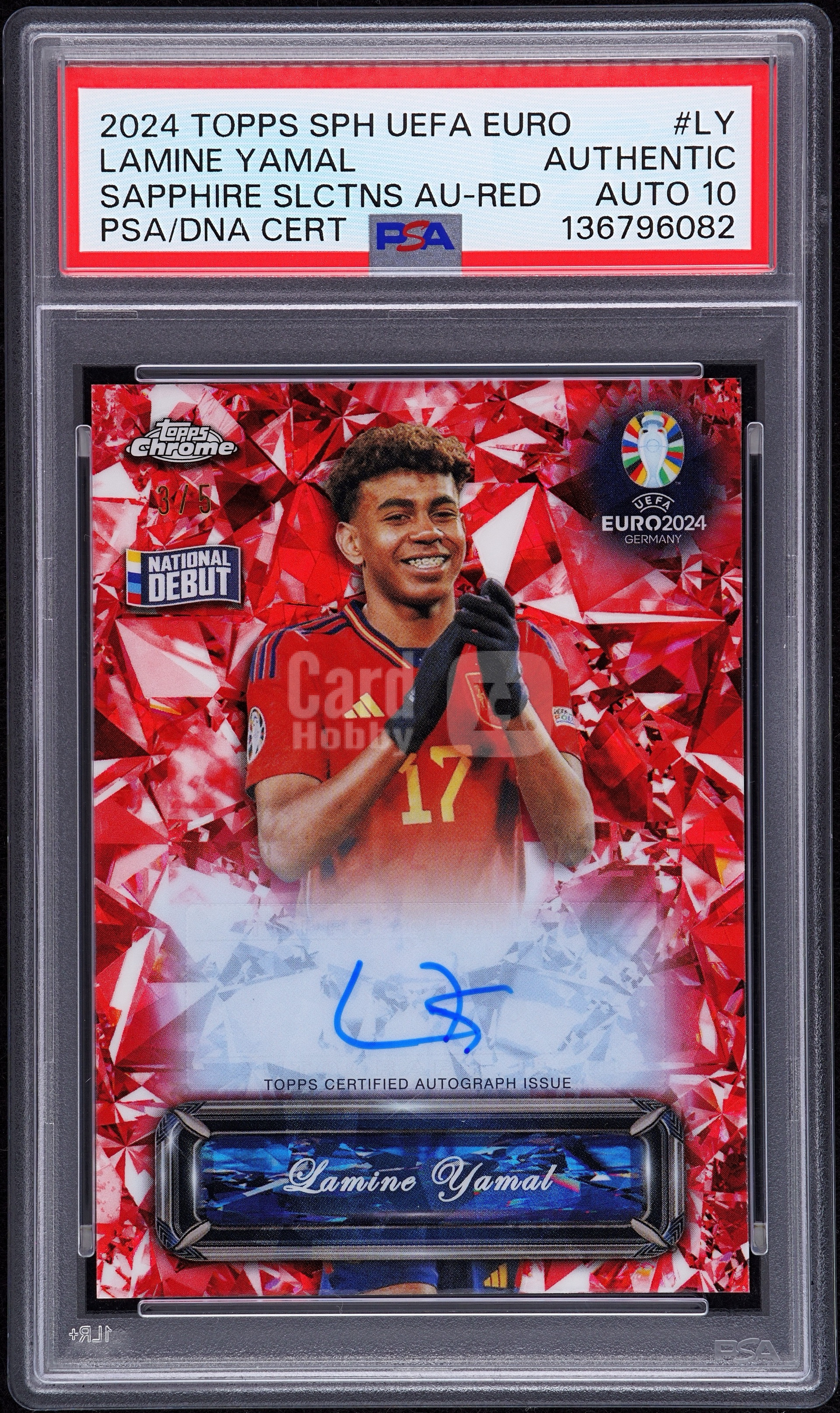 2023-24 Topps Chrome Sapphire 元年欧洲杯蓝宝石 新秀RC 西班牙 巴萨 巴塞罗那 LAMINE YAMAL 亚马尔 金球奖 签字签名 3/5编 红精选评级卡PSA10分 