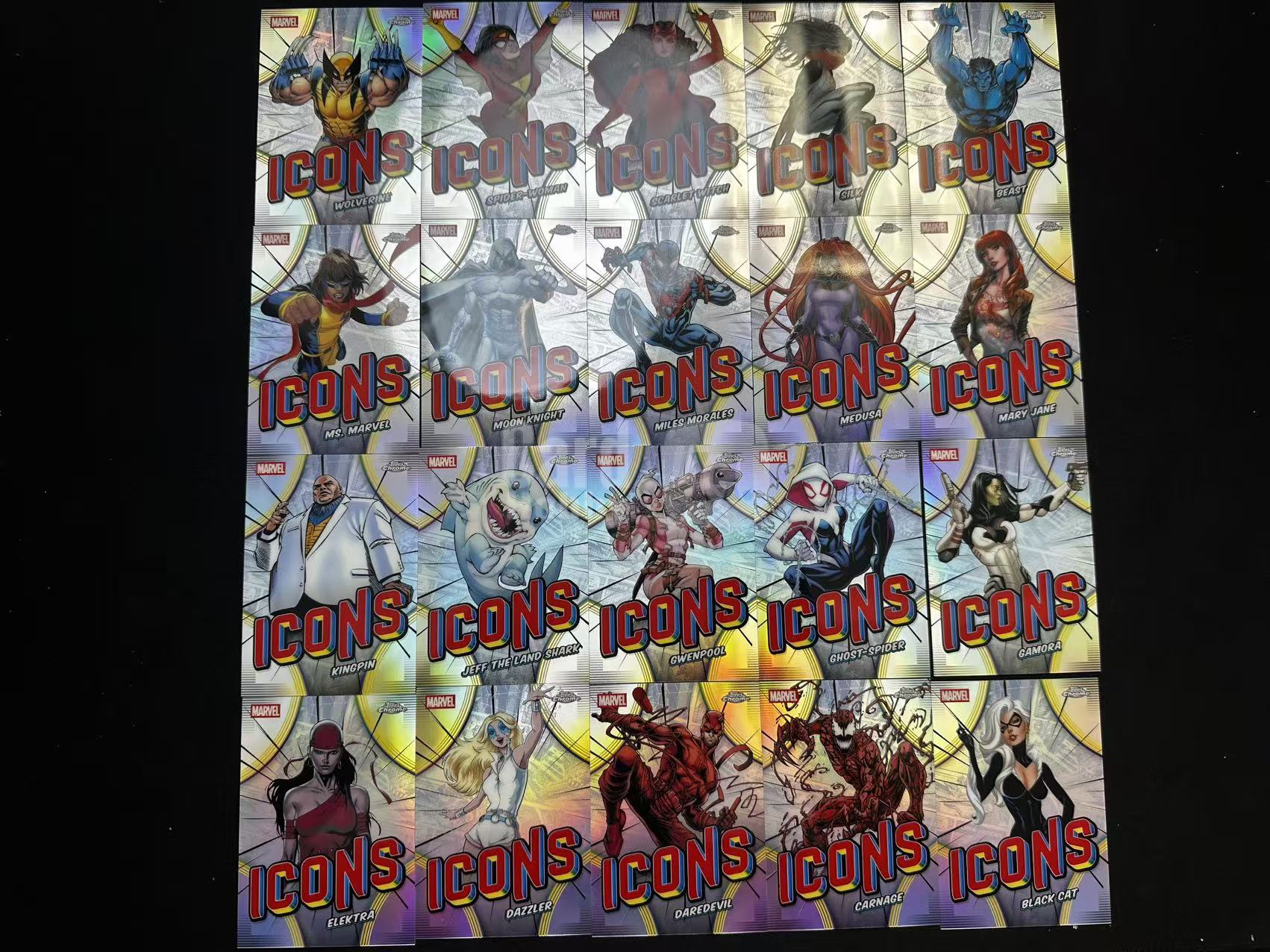 2026 Topps Chrome icons特卡 【有品代卖】漫威 MARVEL icons特卡 蜘蛛侠 月光骑士 黑猫 金刚狼 夜魔侠 1套20张打包 值得收藏 折射 卡品如图/sushi