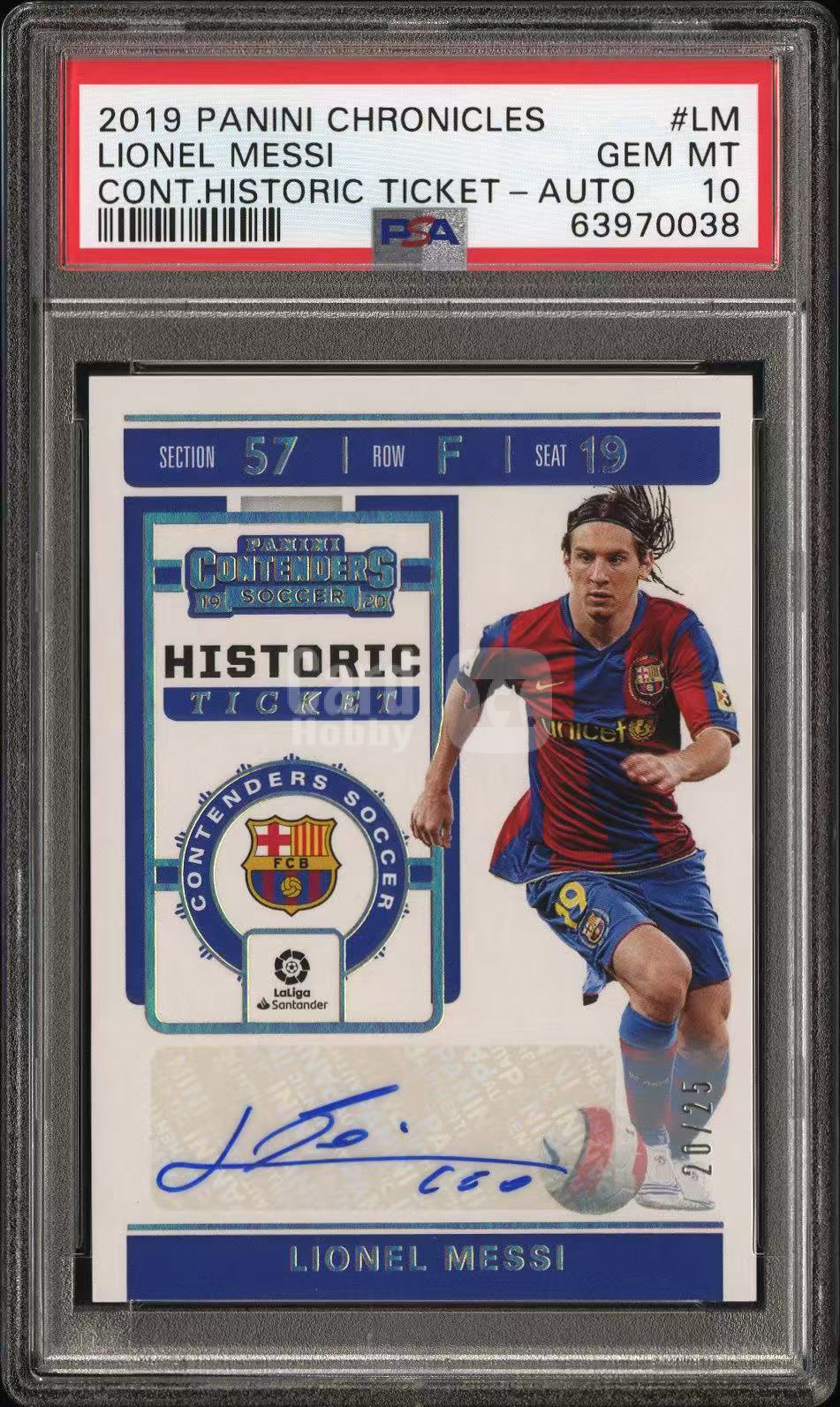 2019-20 Panini Chronicles Lionel Messi 编年史 球票签 梅西 球票签字 20/25编 PSA10 巴黎圣日耳曼 巴塞罗那 阿根廷 世界杯冠军