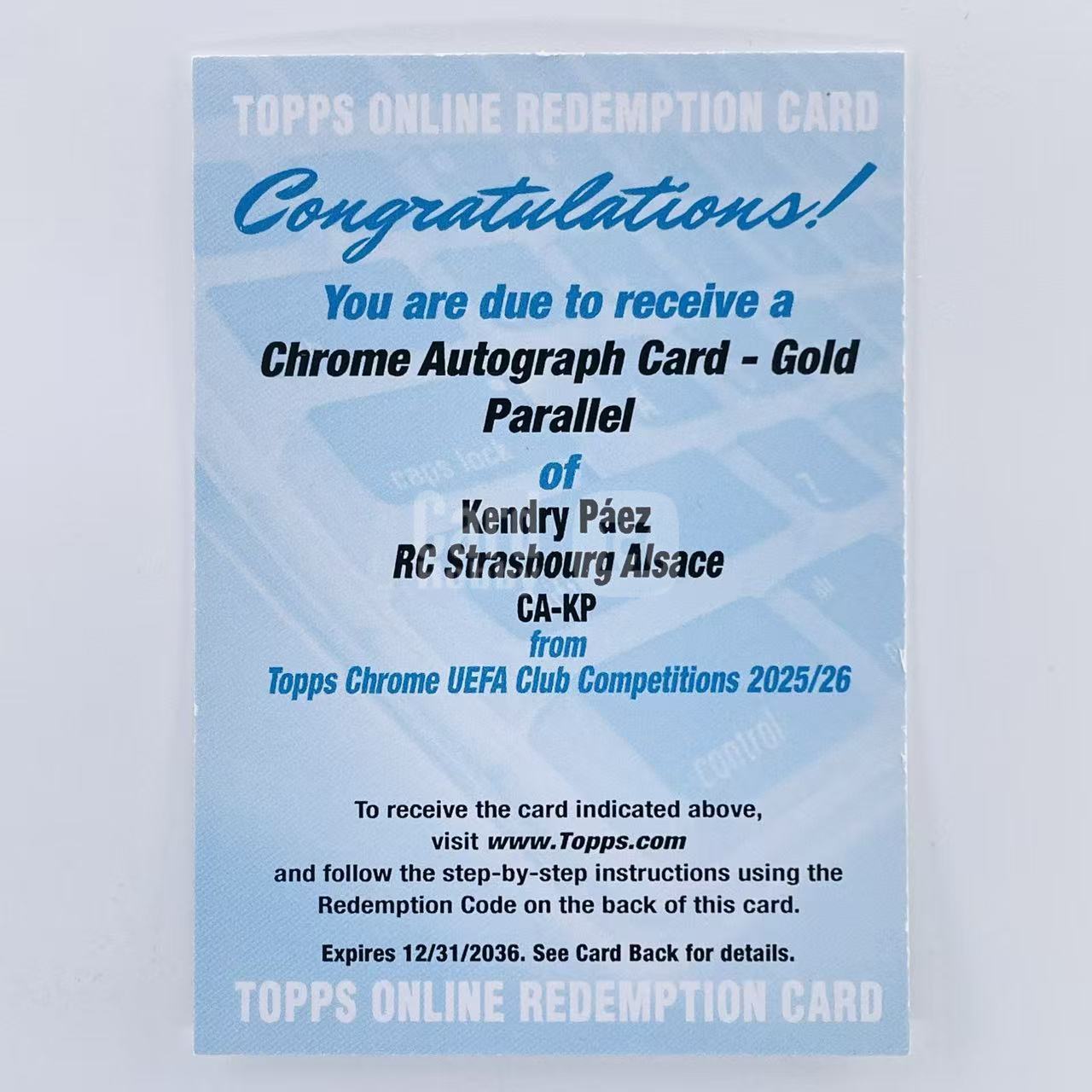 2025-26 Topps Chrome UCC Kendry Paez RC 欧冠TC 厄瓜多尔 斯特拉斯堡 切尔西 肯德里 派斯 新秀 签字 正金折 /50编 交换板 只发板 Jeff# N