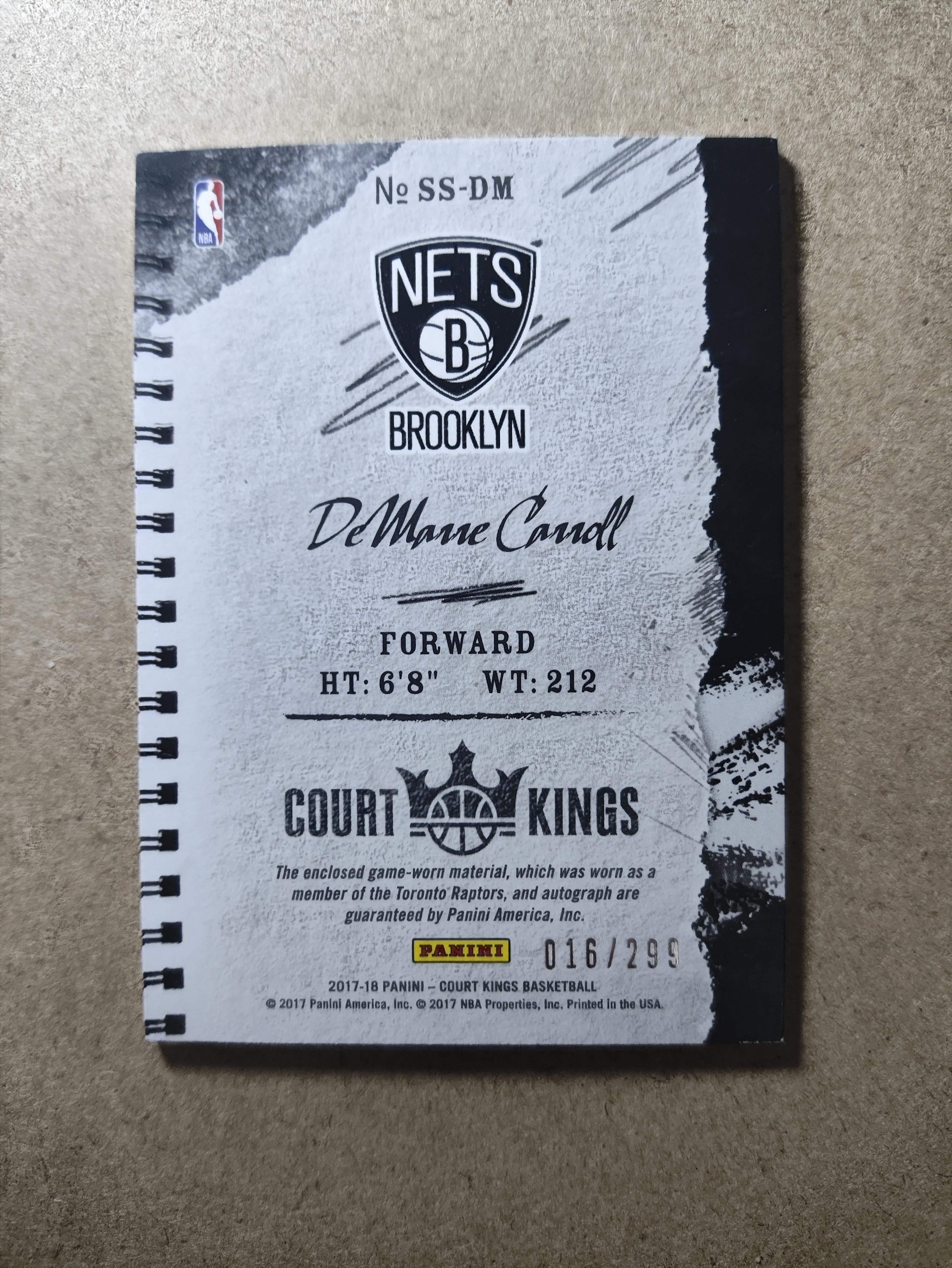 2017-18 Panini Court Kings DeMarre Carroll 油画 德马雷 卡罗尔 篮网 签字 贴签 16/299编 GU落场 球衣物料切割 JA 卡品瑕疵如图 收藏必备