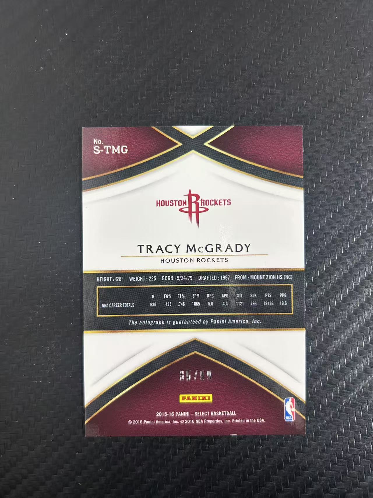 2015-16 Panini Select Tracy McGrady #S-TMG【灯灯拍卡】 火箭 麦迪 特雷西 麦克格雷迪 签字 卡签 35/99编 传奇球星 姚明队友 收藏必备【雪茄】